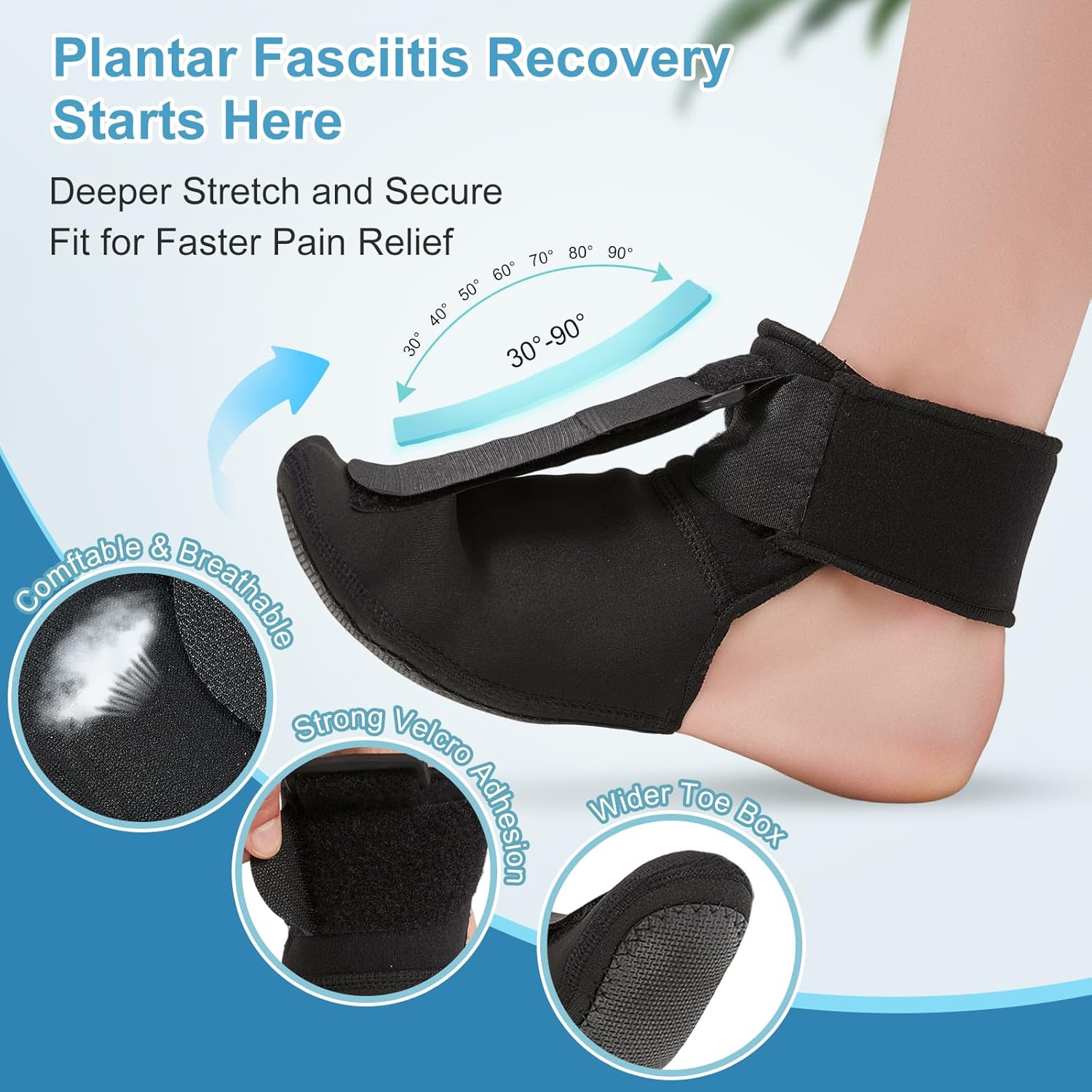 Plantar Fasciitis Night Splint for Women & Men - Soft & Comfortable Sleep - Adjustable Foot Splint for Achilles Tendonitis Brace, Drop Foot & Heel Pain Support with Massage Ball, Medium - Image 3