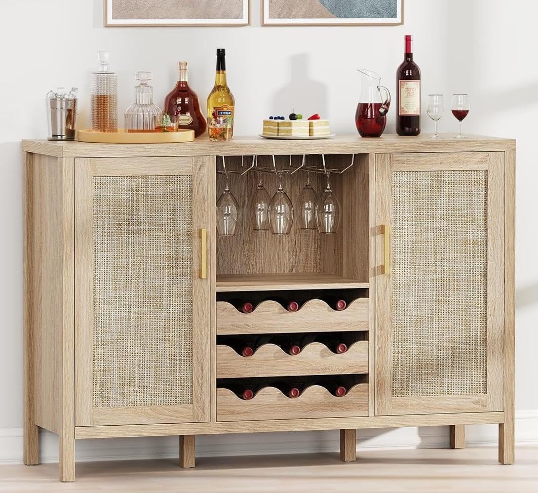 OTUTUMUS Rattan Wine Bar Cabinet, Boho Rattan Home Bar with Glass Holder and Drawer Style Racks, Oak Sideboard Buffet Storage Cabinet for Living