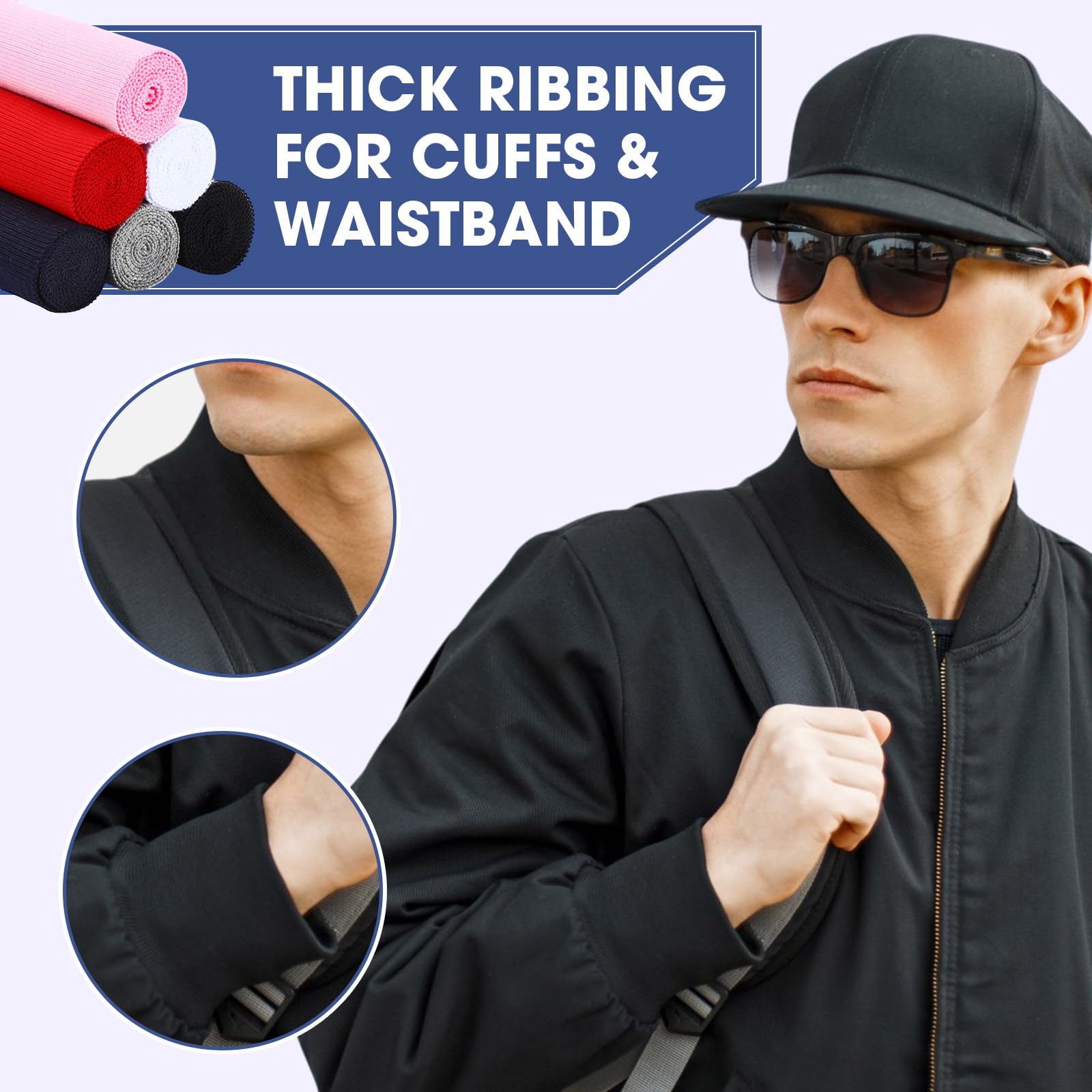 Fanfanwin 6 Pcs Classic Ribbing Fabric for Cuffs, Waistbands & Collars, Cotton, Spandex (95%, 5%), Casual, 6 Colors: Red, Pink, Black, Gray, White, Navy, 38 x 6 Inches - Image 4