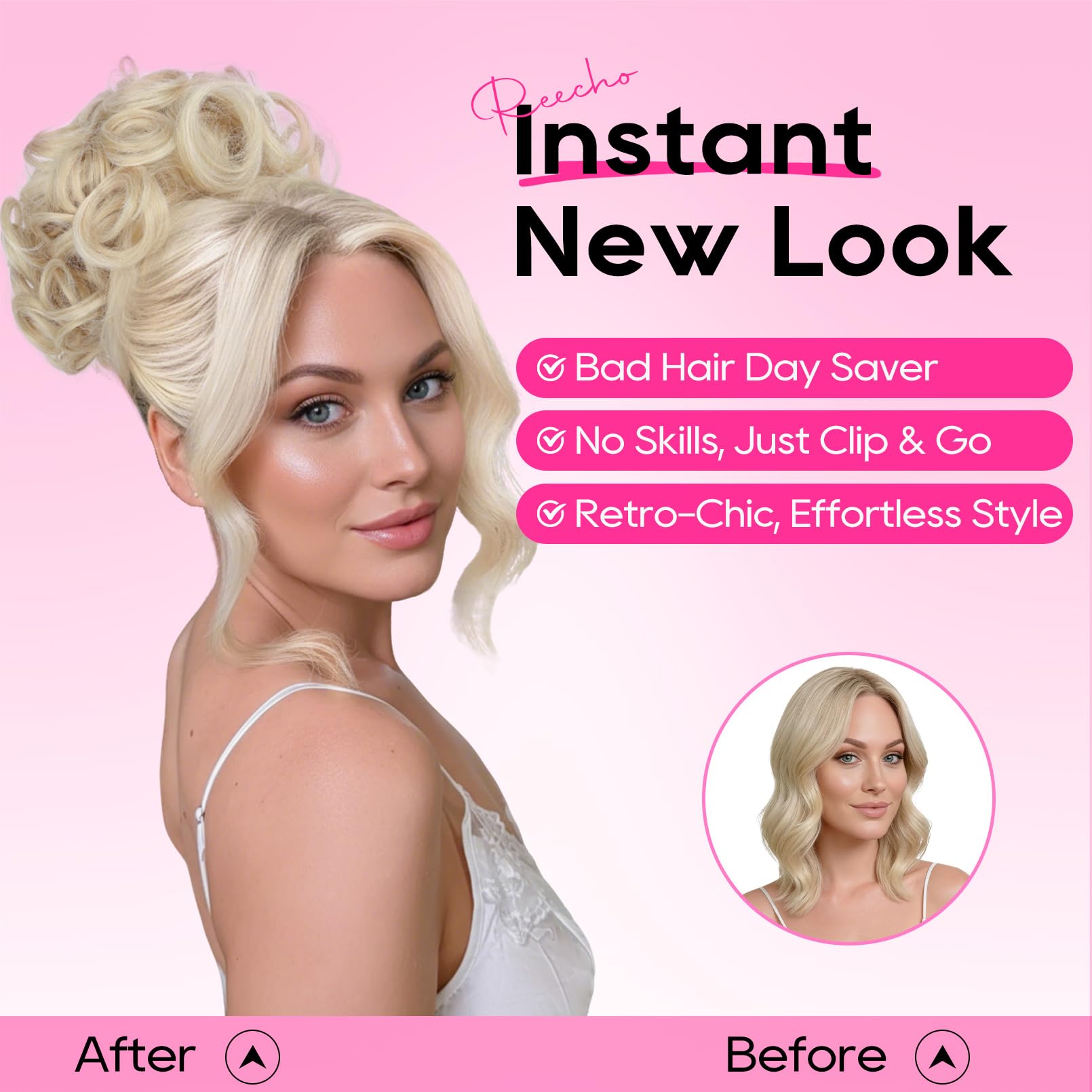 REECHO Messy Bun Hair Piece with Bangs, 2-in-1 Drawstring Updo