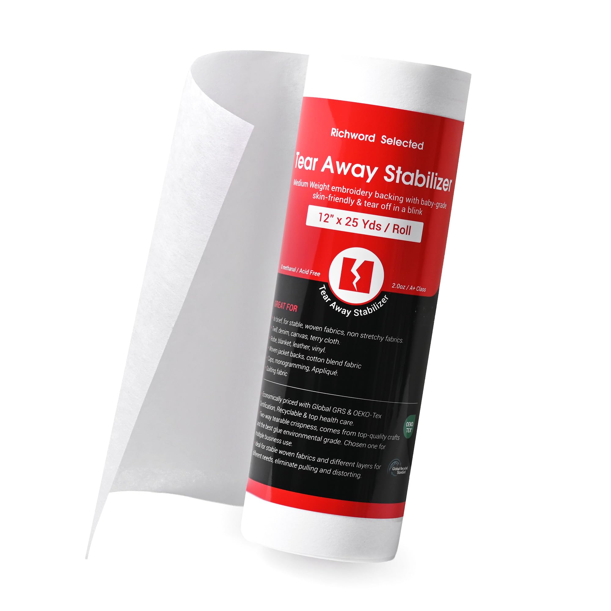 Poolin Richword Selected Tear Away Embroidery Stabilizer Backing 12" x 25 Yard roll, 2.0 Oz Medium Weight for Commercial and Home Embroidery Machine