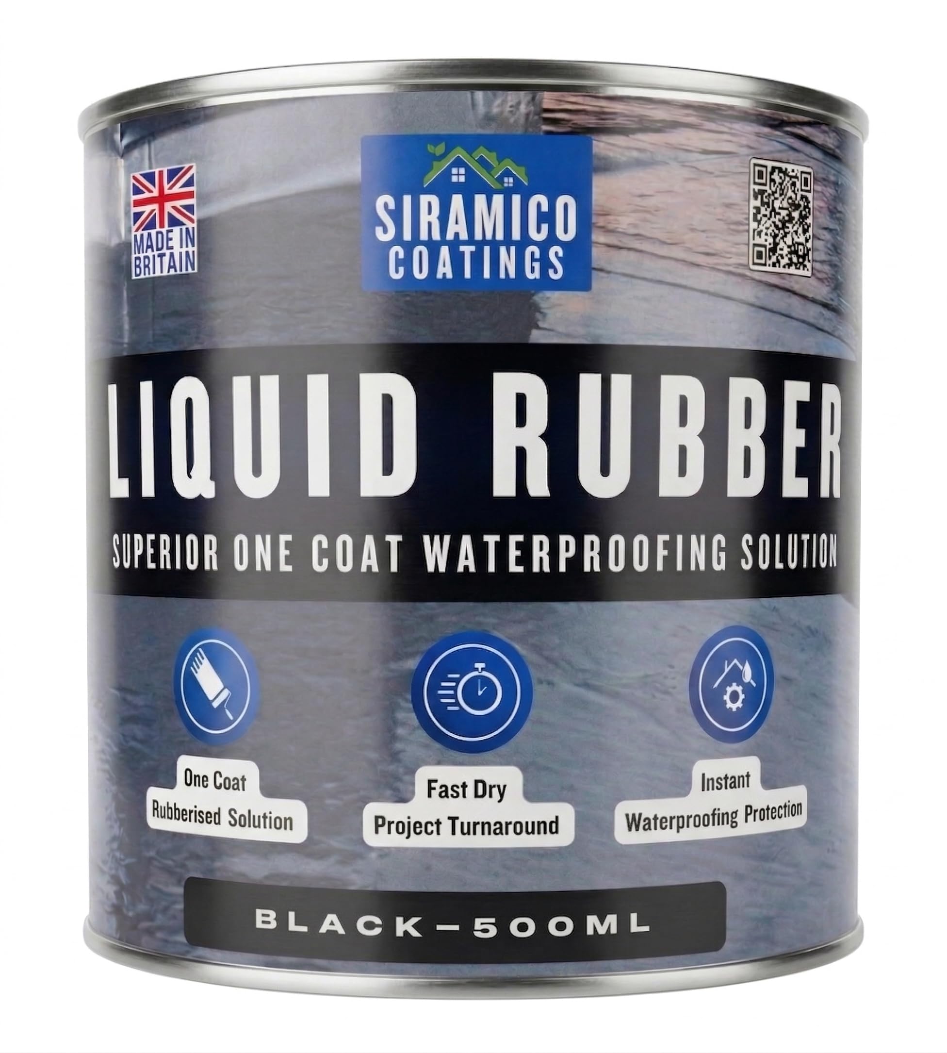 Siramico Coatings Liquid Rubber Roof Coating | Instant Leak Seal Technology I Quick Drying, One Coat Waterproofing Sealant | Black, Grey & Clear (Black, 500ml)