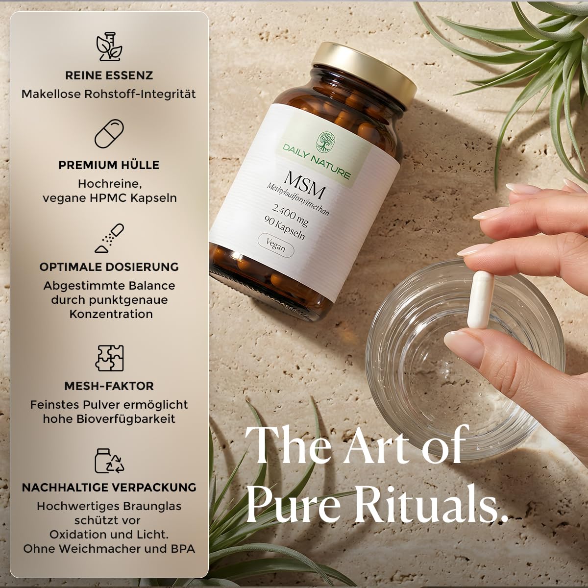 DAILY NATURE® Premium MSM Kapseln I 90 Kapseln hochdosiert mit 2400 mg MSM Pulver pro Tagesdosis I Nahrungsergänzungsmittel mit Methylsulfonylmethan I gluten- & laktosefrei I hochwertige Inhaltsstoffe