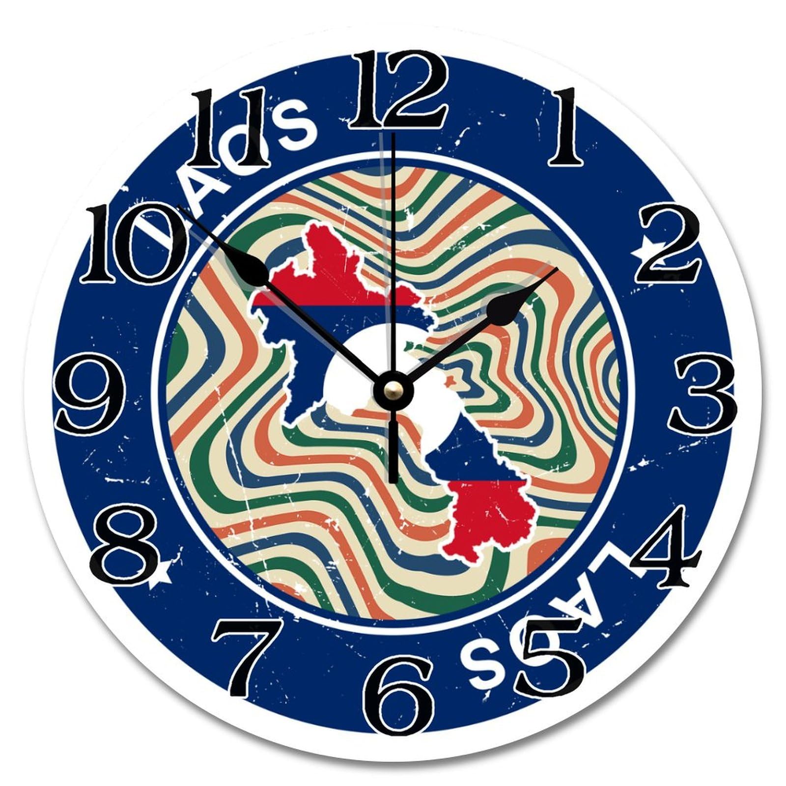 Horloge murale en bois drapeau du Laos 25cm silencieuse pour chambre
