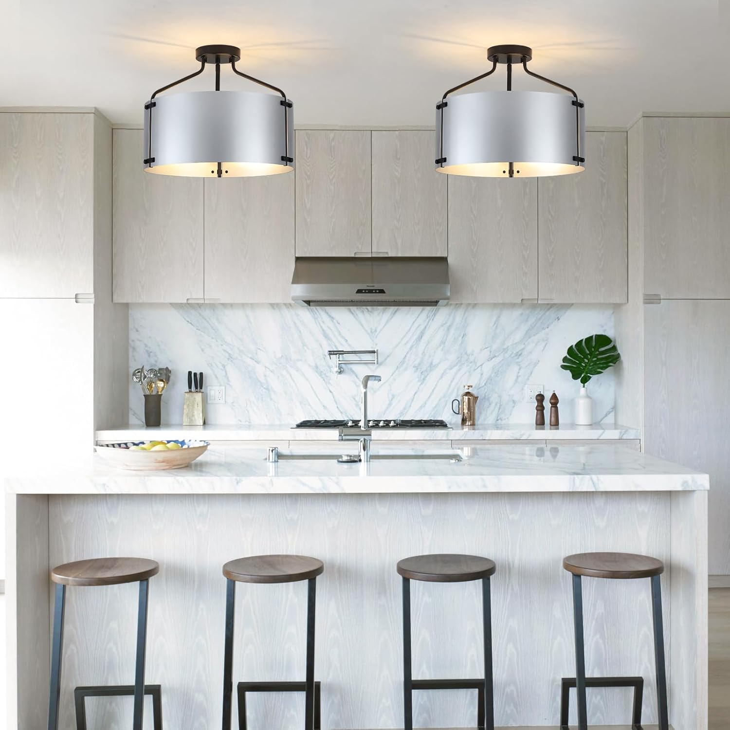 Kitchen Lighting Fixtures Ceiling,16''Silver Chandelier Light Fixture,Drum Bedroom Ceiling Lights,3-Light Close to Ceiling Light Fixtures for Farmhouse Hallway Porch Entryway