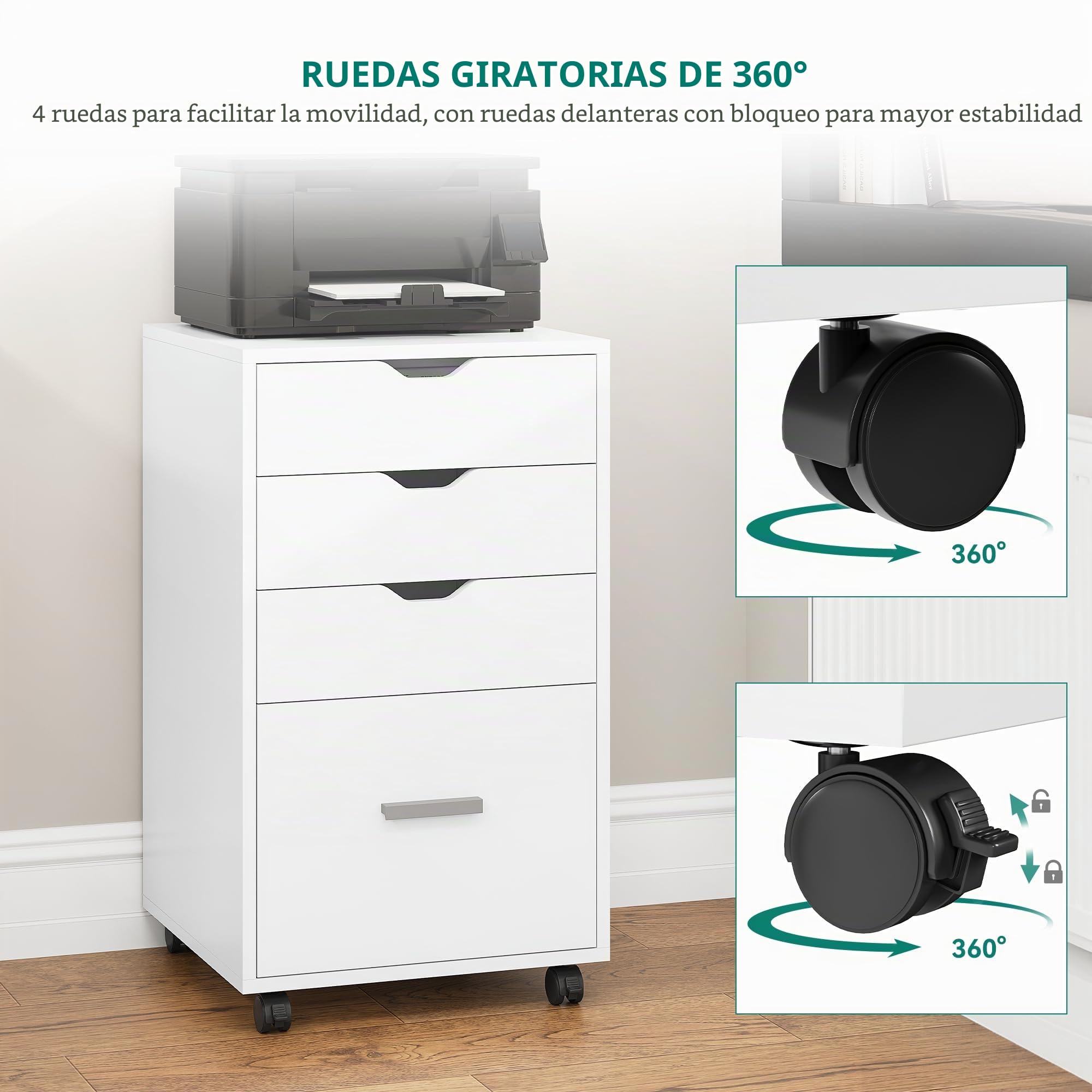 YITAHOME Archivador móvil con rueda, contenedor con 4 cajones, armario para oficina y hogar, 42 x 40 x 73 cm (blanco)