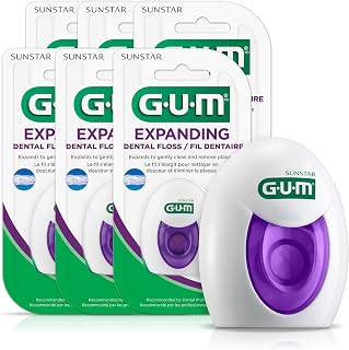 GUM Expanding Dental Floss - Waxed Woven for Tight Teeth, 3X Plaque Removal, Unflavored Pack of 6
