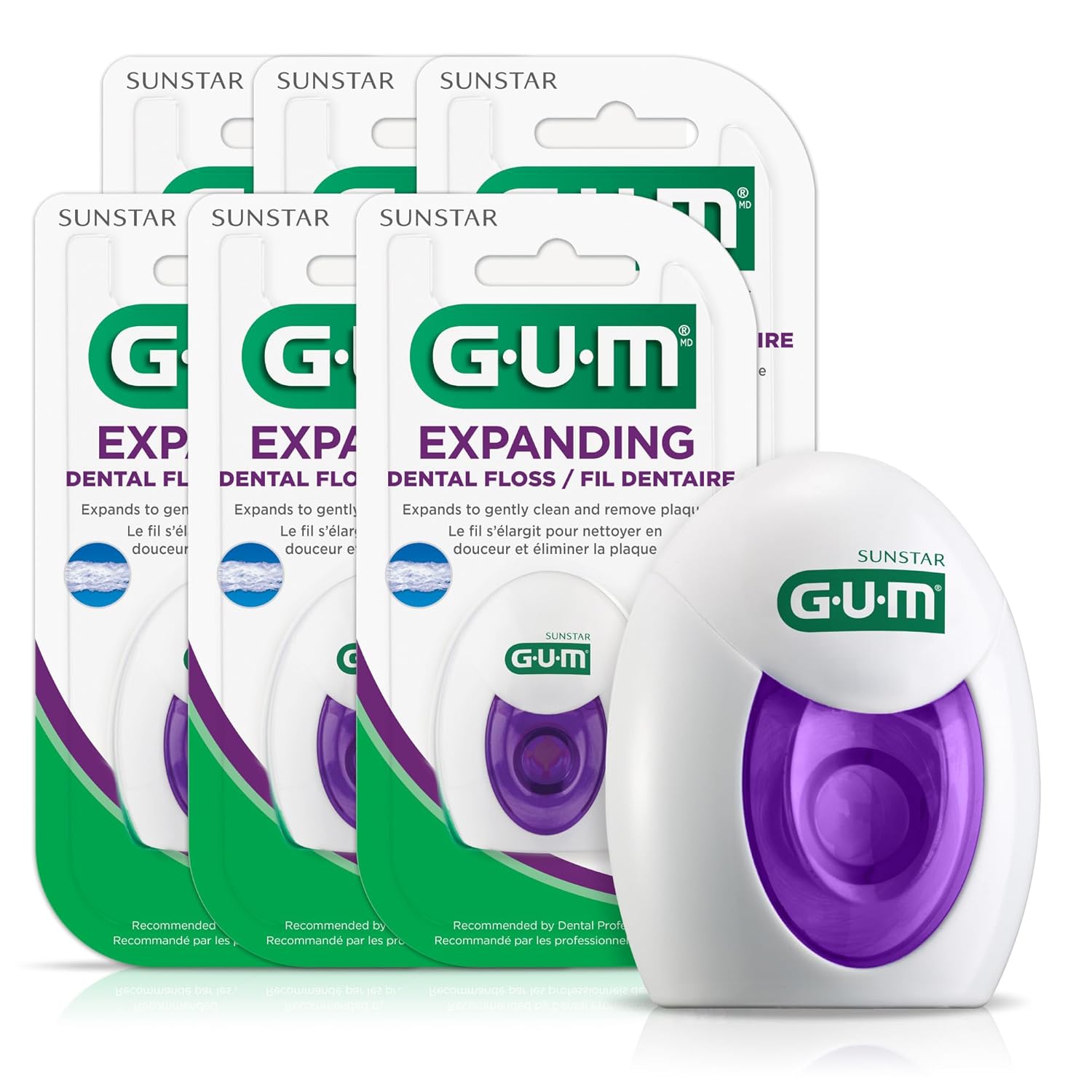 GUM Expanding Dental Floss - Waxed Woven for Tight Teeth, 3X Plaque Removal, Unflavored Pack of 6