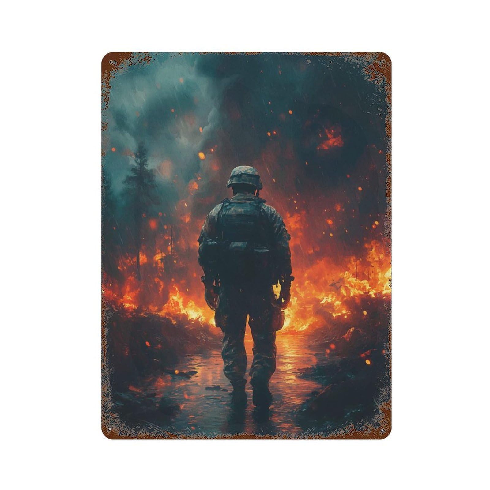 Soldier in Firestorm 15.7"x11.8" Vintage Rust Metal Sign, Classic Wall Plaque for Office, Studio And Wall Decor