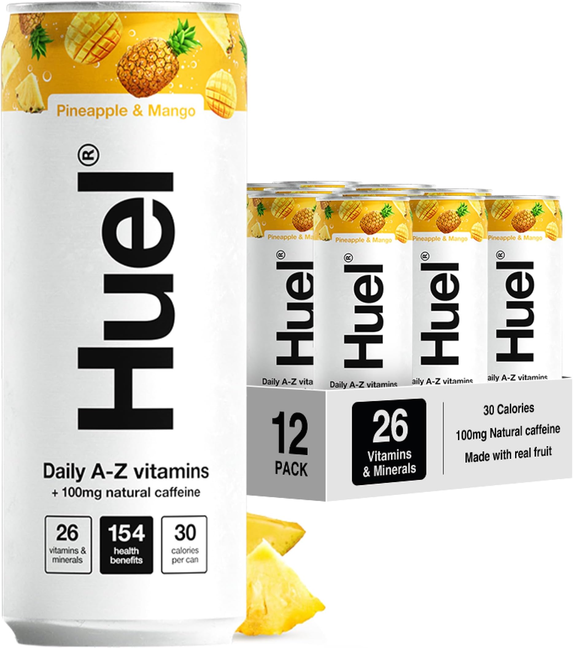 Huel Daily A-Z Vitamins Energy Drink, 12 x 330ml Cans, Pineapple & Mango Sparkling Multivitamin Energy Drink, Fizzy Drinks Made with Real Fruit, Rich in Electrolytes, Low Calorie, Caffeine Boost