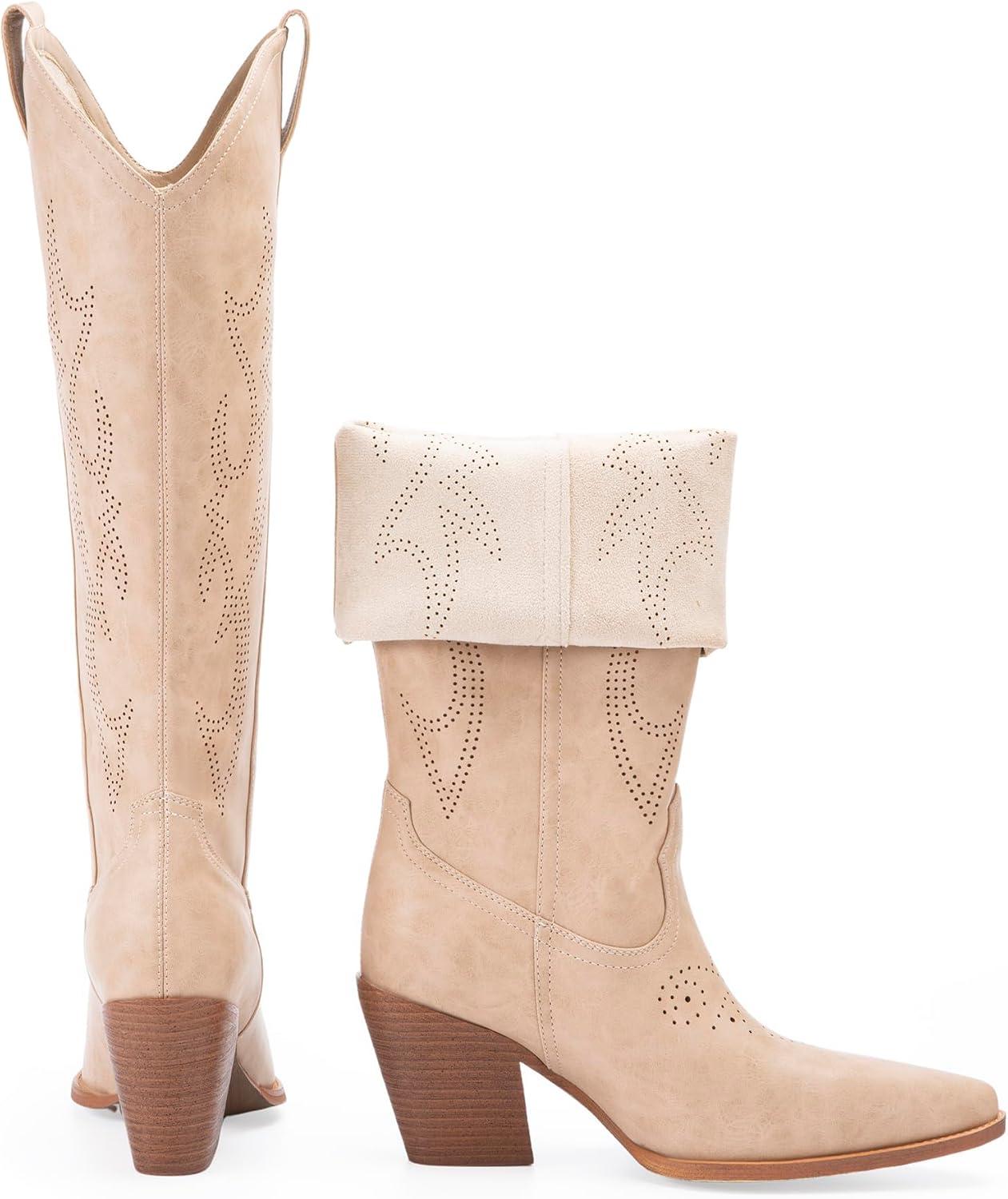 Cowboy Boots for Women - Thin Knee High Boots Women Cutouts & Breathable Slip On Pointed Toe Chunky Heel Lightweight Faux Leather Pull On Boots for Ladies