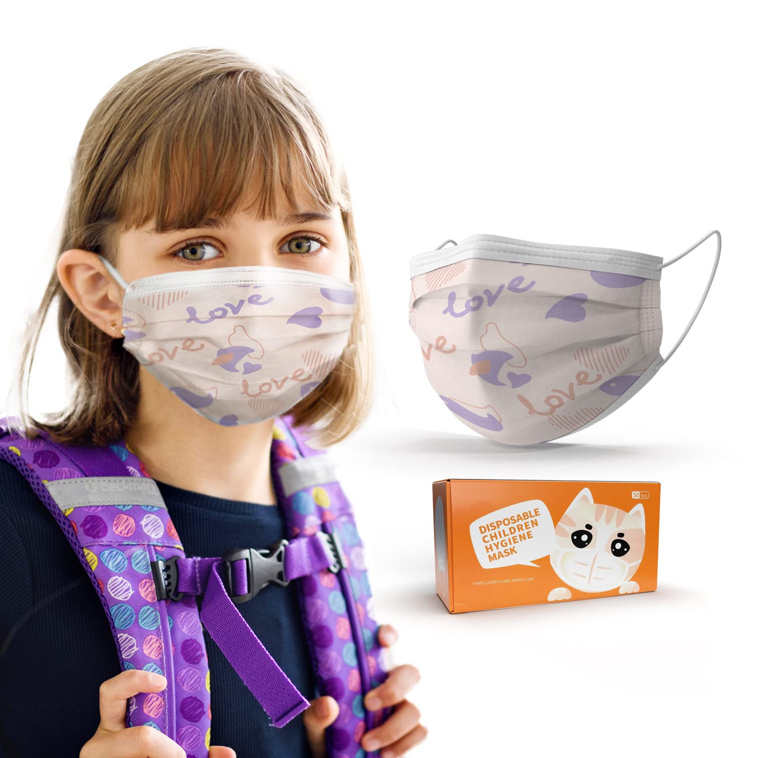 AEI Disposable Face Mask Large 100 PCS Pretty Design - Breathable 3 Layer Children Protective Face Mask School, Daily Use Indoor Outdoor, Dust Filter Masks Mouth Cover for Men and Women
