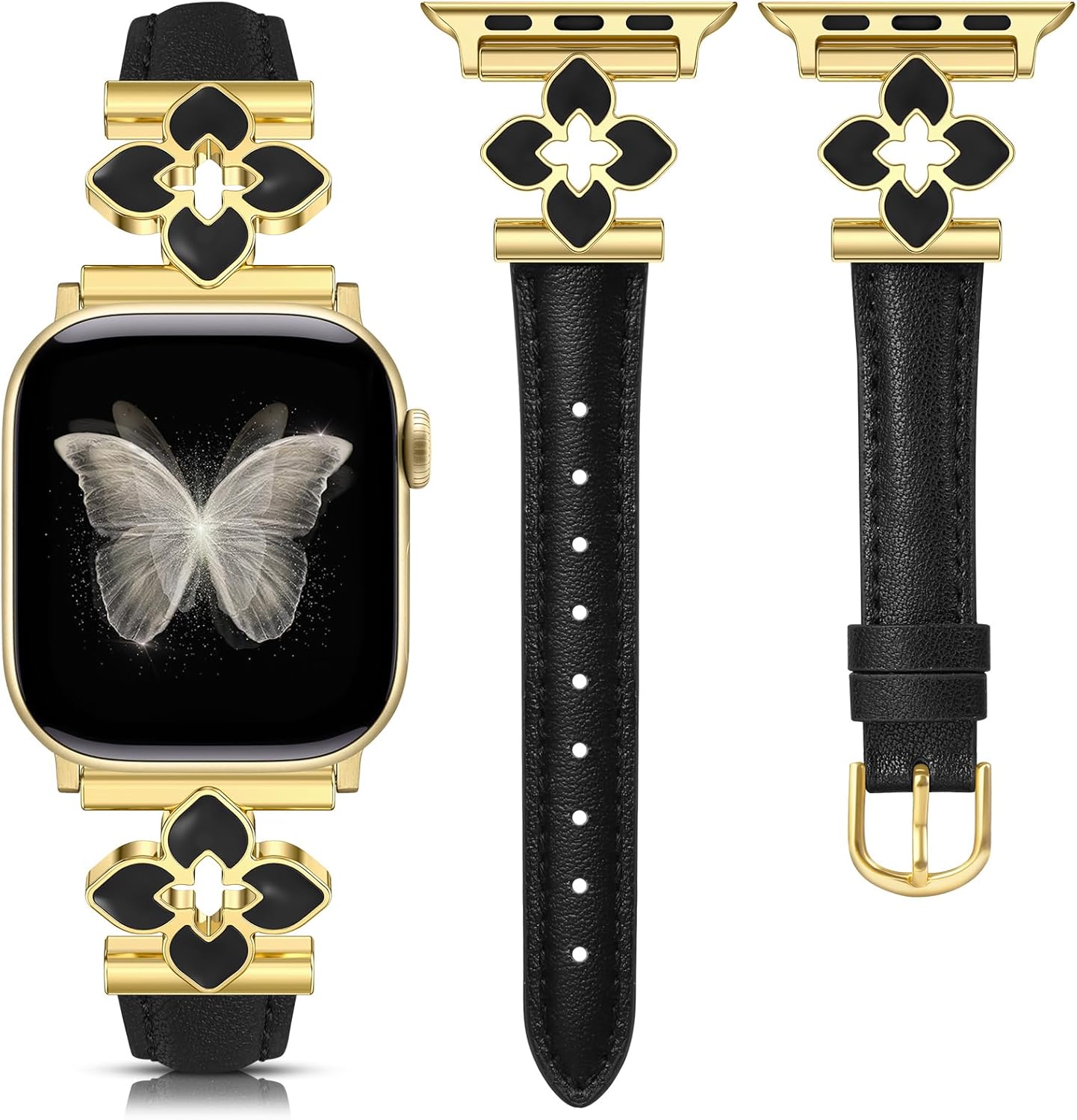 Minyee Compatible with Apple Watch Band 42/41/40/38/44/45/46/49mm Women, Slim Dressy Chic Premium Soft Leather Strap with Bling Dainty Flower Charm for iWatch Series 11 10 9 8 7 6 5 4 Ultra/SE 3 2 1