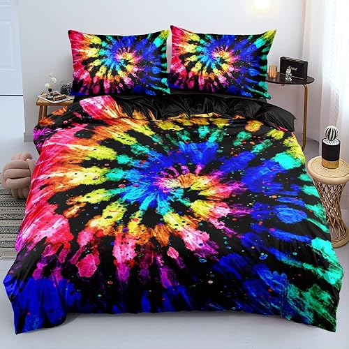 Holiyjog Juego de funda de edredón de teñido anudado colorido, tamaño King, acuarela, arco iris, teñido anudado, funda de edredón de arte abstracto,