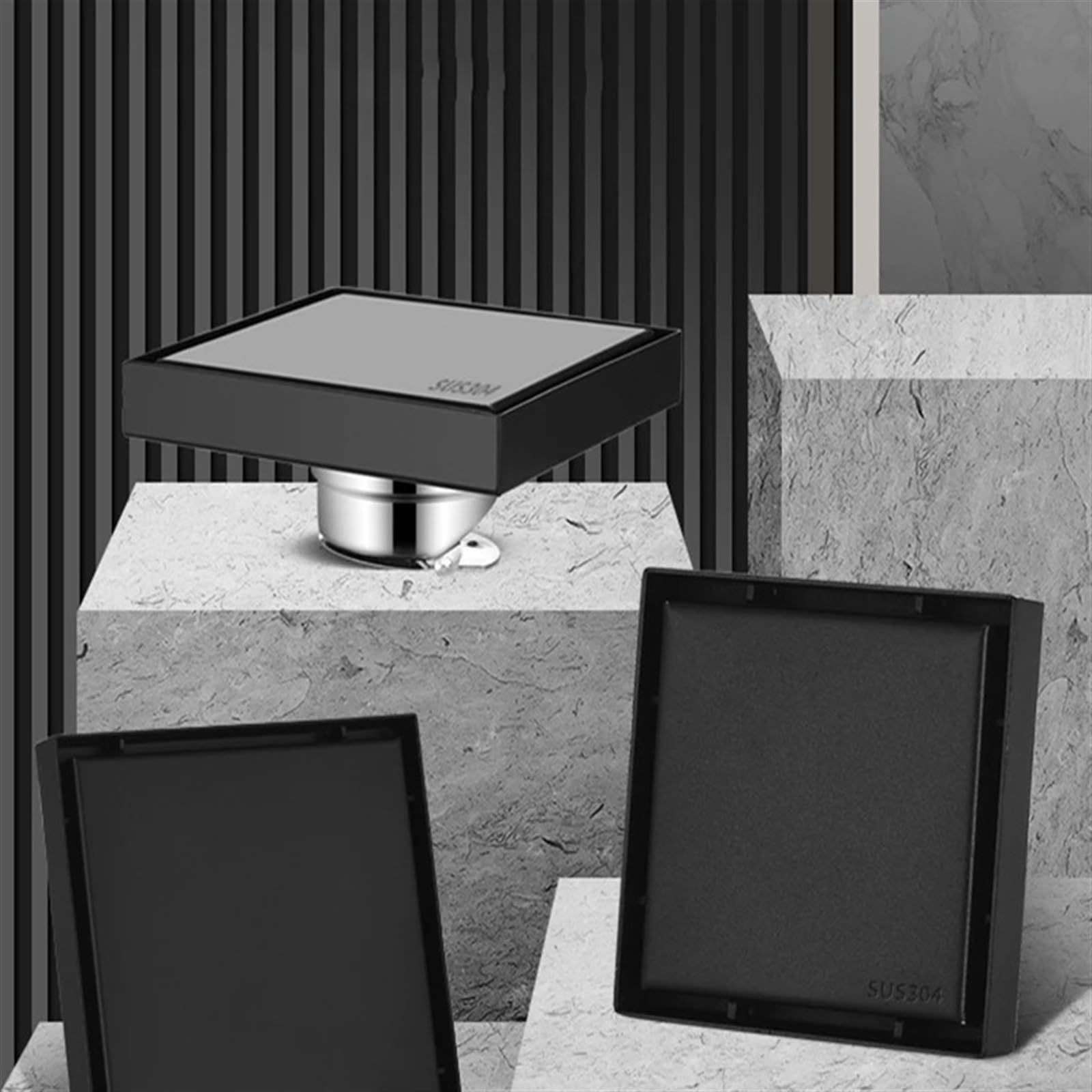 Drain de sol invisible noir de 10 à 15 cm avec filtre carré pour évacuation douche