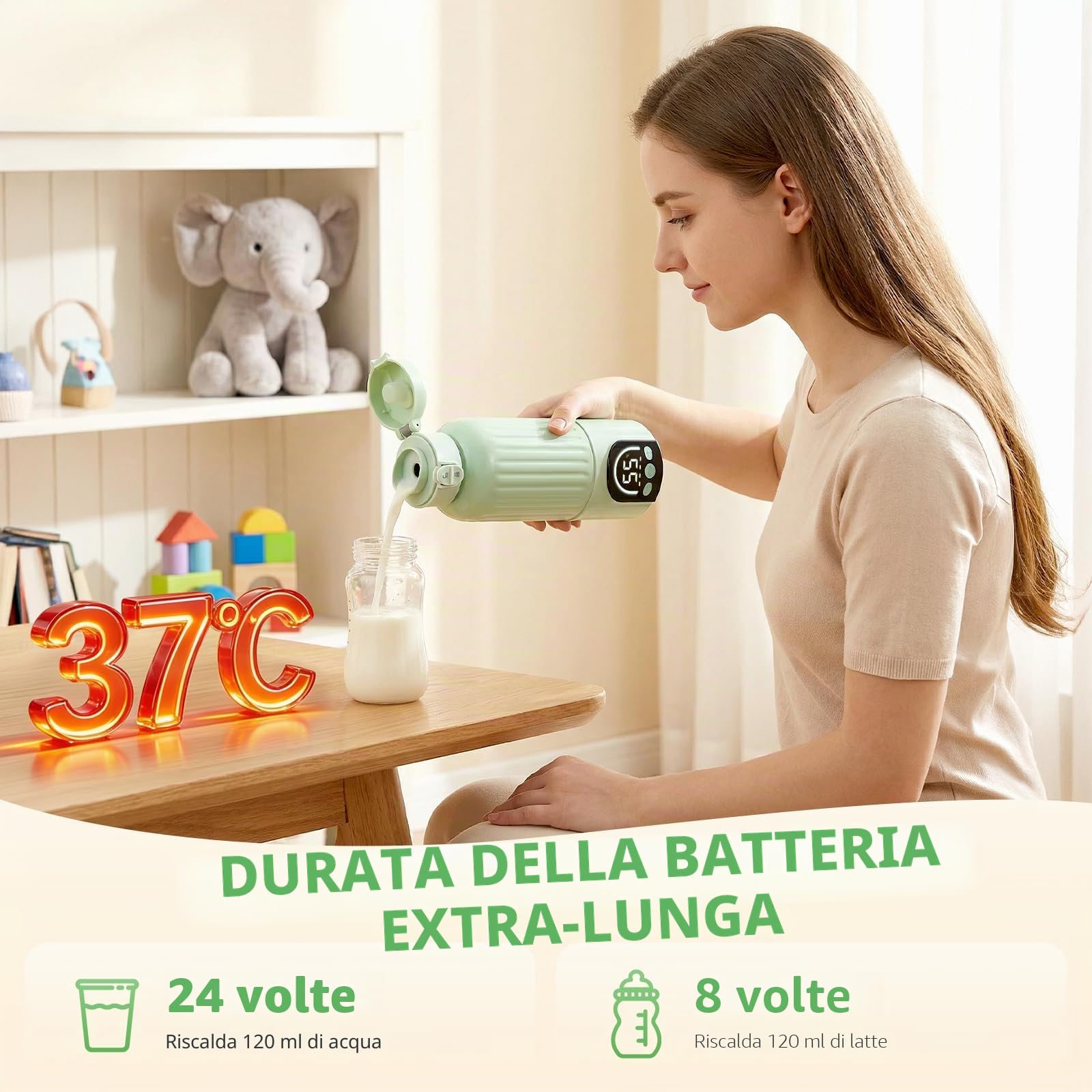 Scaldabiberon portatile da 500 ml, 18000 mAh, riscaldamento rapido da 140 W e controllo preciso della temperatura, scaldalatte per latte materno, artificiale e acqua in movimento, ricarica USB-C,verde