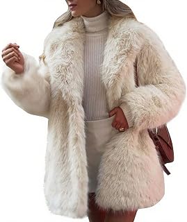 Flygo Women's Long Fluffy Faux Fur Coat Jacket - Lapel Collar Furry Winter Overcoat, Soft & Warm S-XL