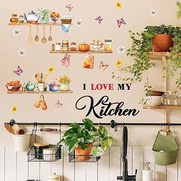 SUPERDANT Wall Sticker I Love My Kitchen Wall Sticker Kitchenware and Ingredients Wall Sticker Home Watercolour Decor Ingredients Vinyl Wall Sticker for Kitchen Dining Room Fridge Decor