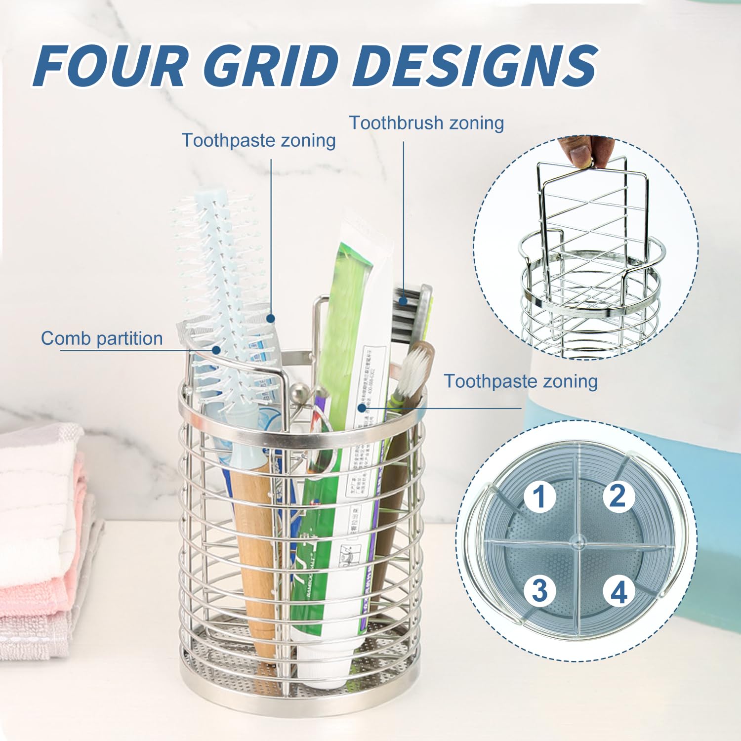 Porte-Ustensiles De Cuisine 4 Compartiments Rotatif - Inox - Range Couverts, Baguettes, Brosses à Dents