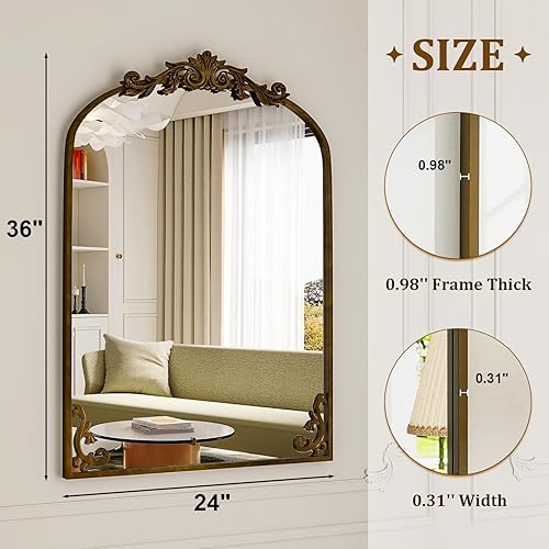 Miniatura 3 de 36"x 24" Arched Bathroom Mirror, Wall-Mounted Mirror with Carved Metal Frame & Bottom Art Carved, Vanity Mirror for Home Decor, Hanging Wall Mirror