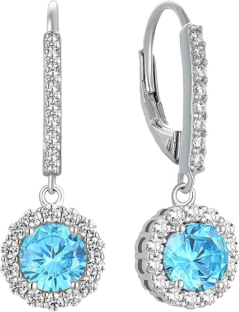 YL Drop Earrings 925 Sterling Silver 12 Birthstone Round Cubic Zirconia Dangle Earrings for Women