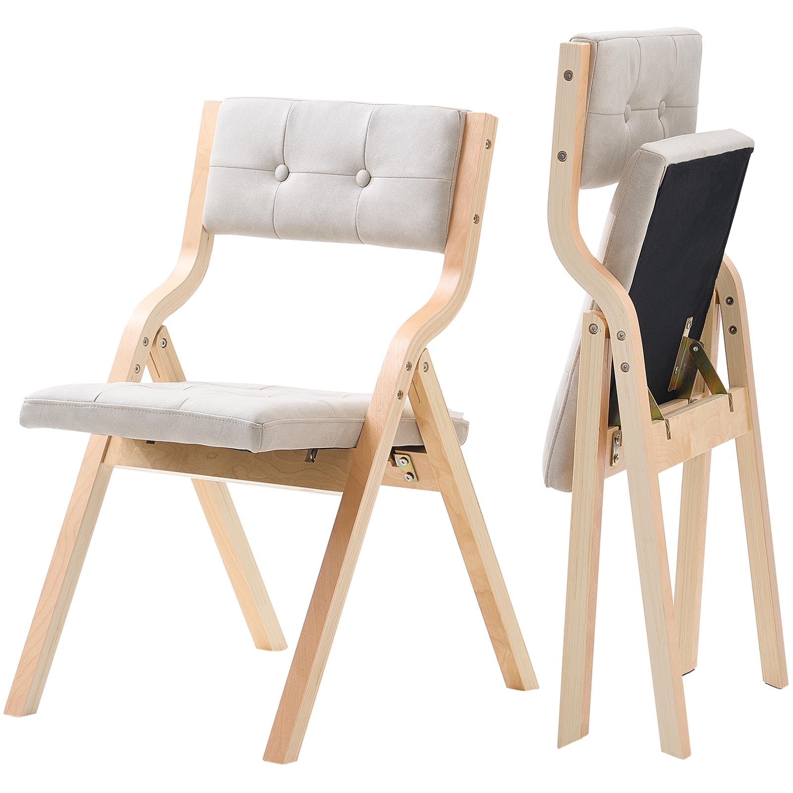 VEVOR Klappstuhl Gartenstuhl mit gepolstertem Kissen & Holzrahmen 2 STK. moderner Esszimmerstuhl für Küche Büro Party, Küchenstuhl bis 180 kg belastbar (pro) faltbar Beige + weiß platzsparend