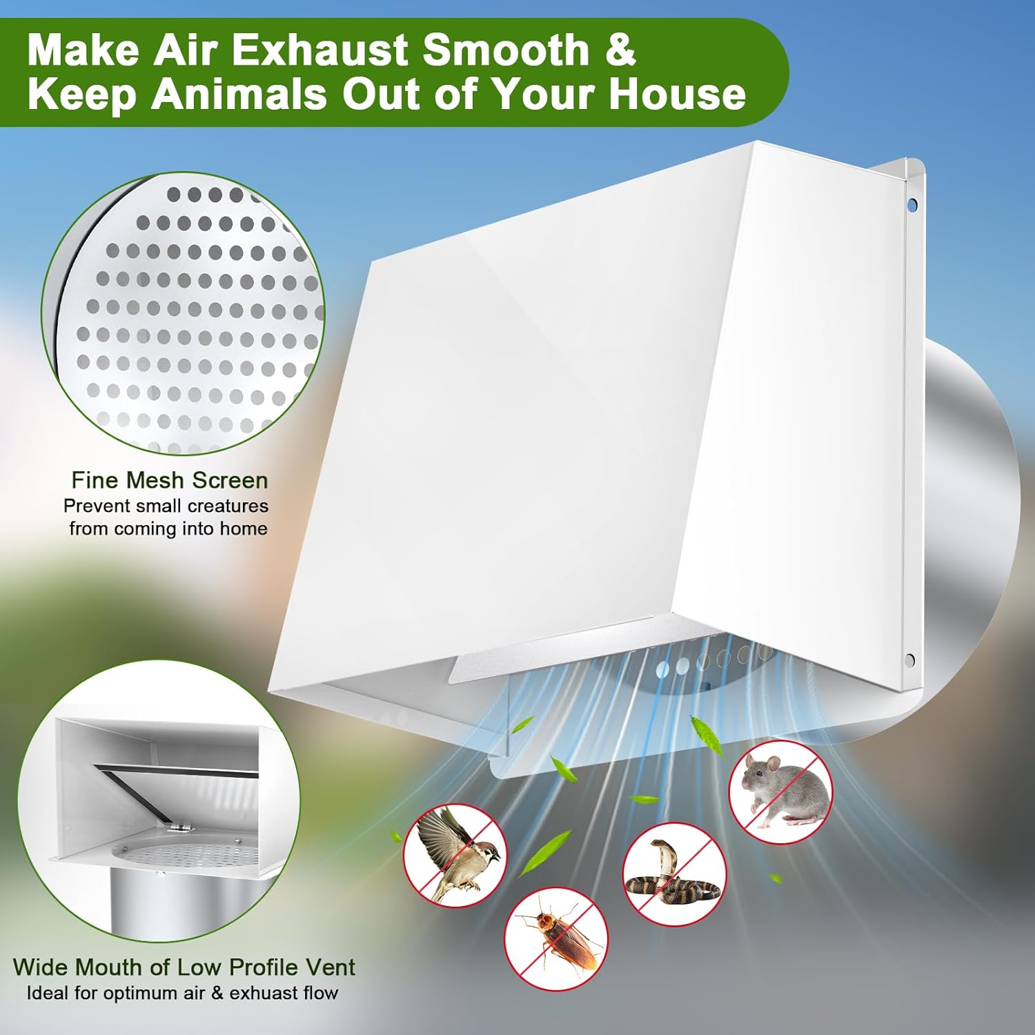 8 Inch Hooded Wall Vent, Dryer Wall Vent Cover Outside with Screen & Damper, Hooded Wall Exhaust Vent Cover, Outdoor Air Vent Cap for Range Hoods/Kitchen/Bathroom/Laundry/Basements/Garages, White