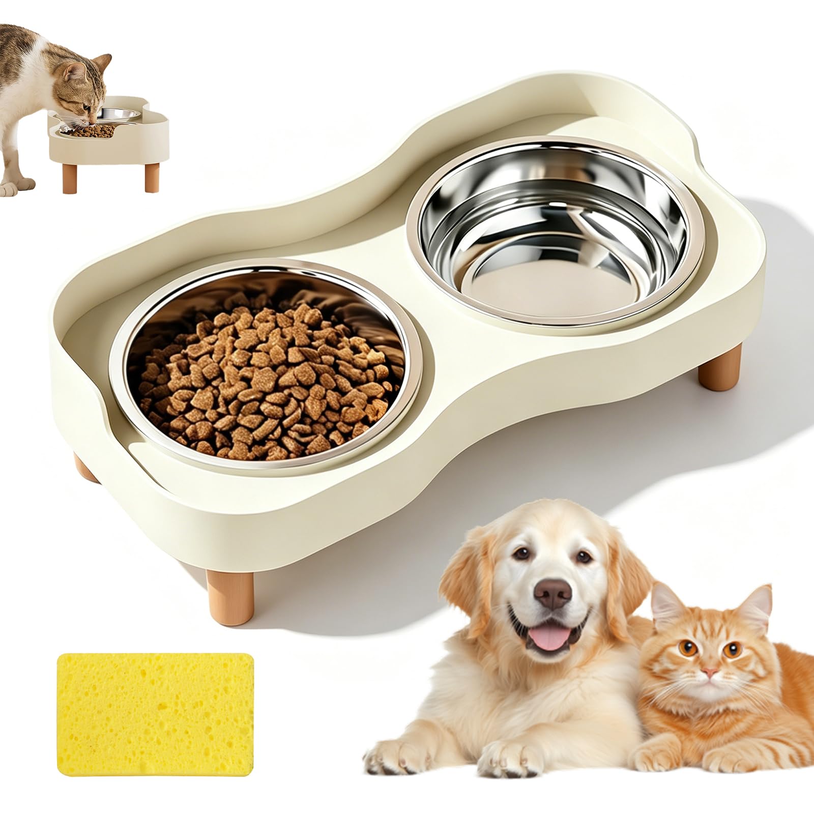 2 piezas de comedero para gatos elevado, comedero para gatos con esponja de limpieza en acero inoxidable, doble comedero para gatos con soporte a prueba de salpicaduras, bebedero para gatos y perros