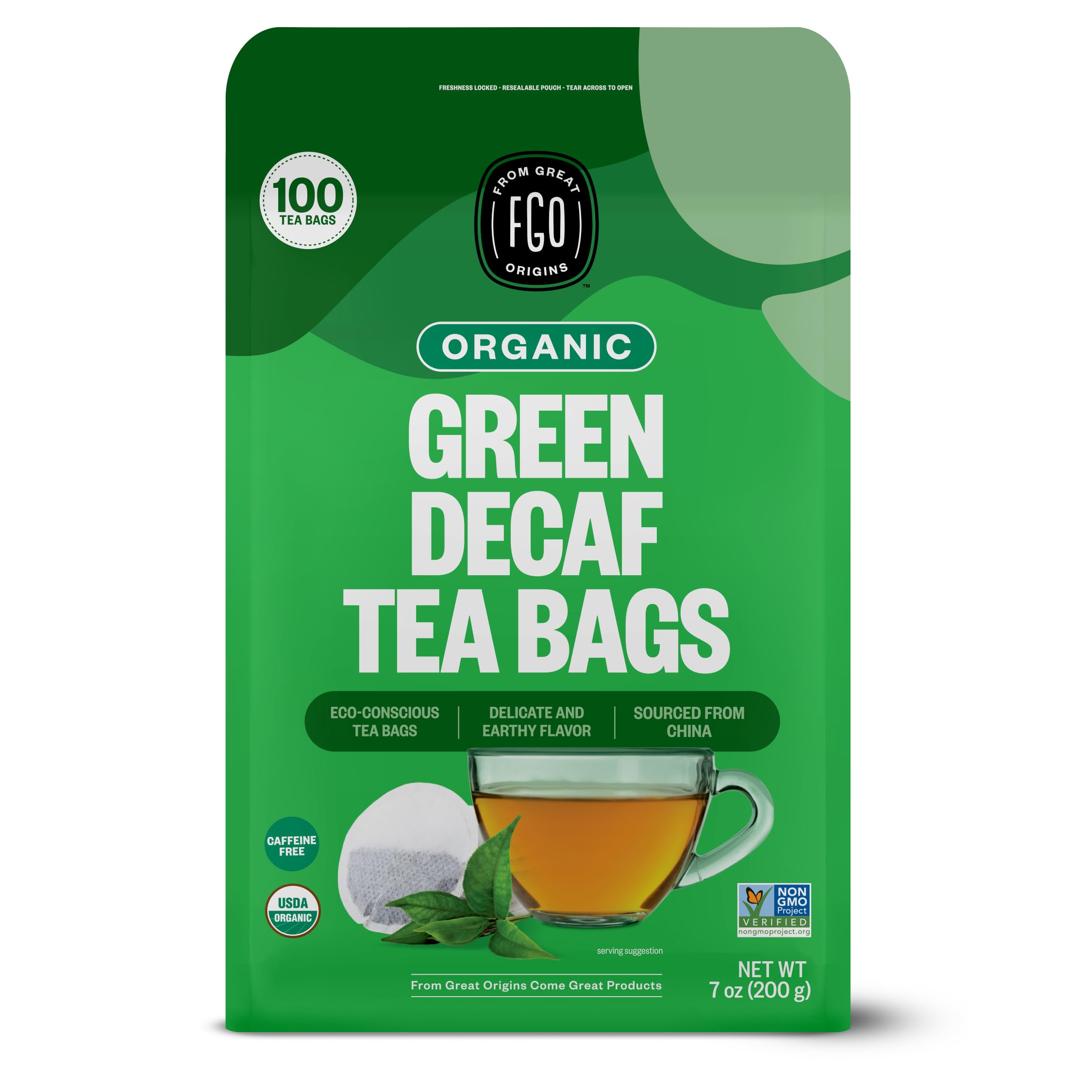 FGO Organic Green Decaf Tea, 100 Count, Eco-Conscious Tea Bags, Resealable Bag, Caffeine Free, Packaging May Vary (Pack of 1)