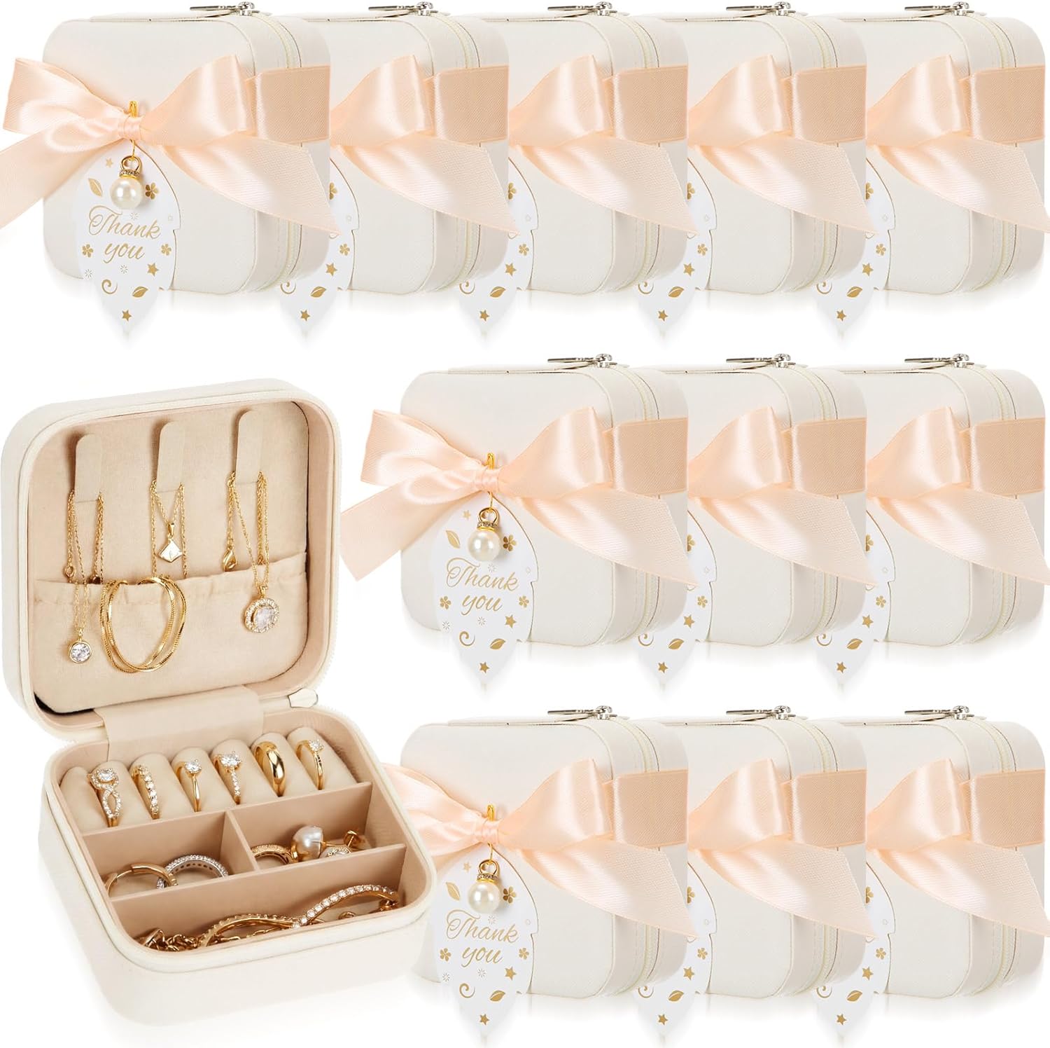 Nosiny 12 Set Travel Jewelry Case Box Bridesmaid Gifts Bulk with Cards and Ribbons Small Jewelry Storage for Women Wedding (White)