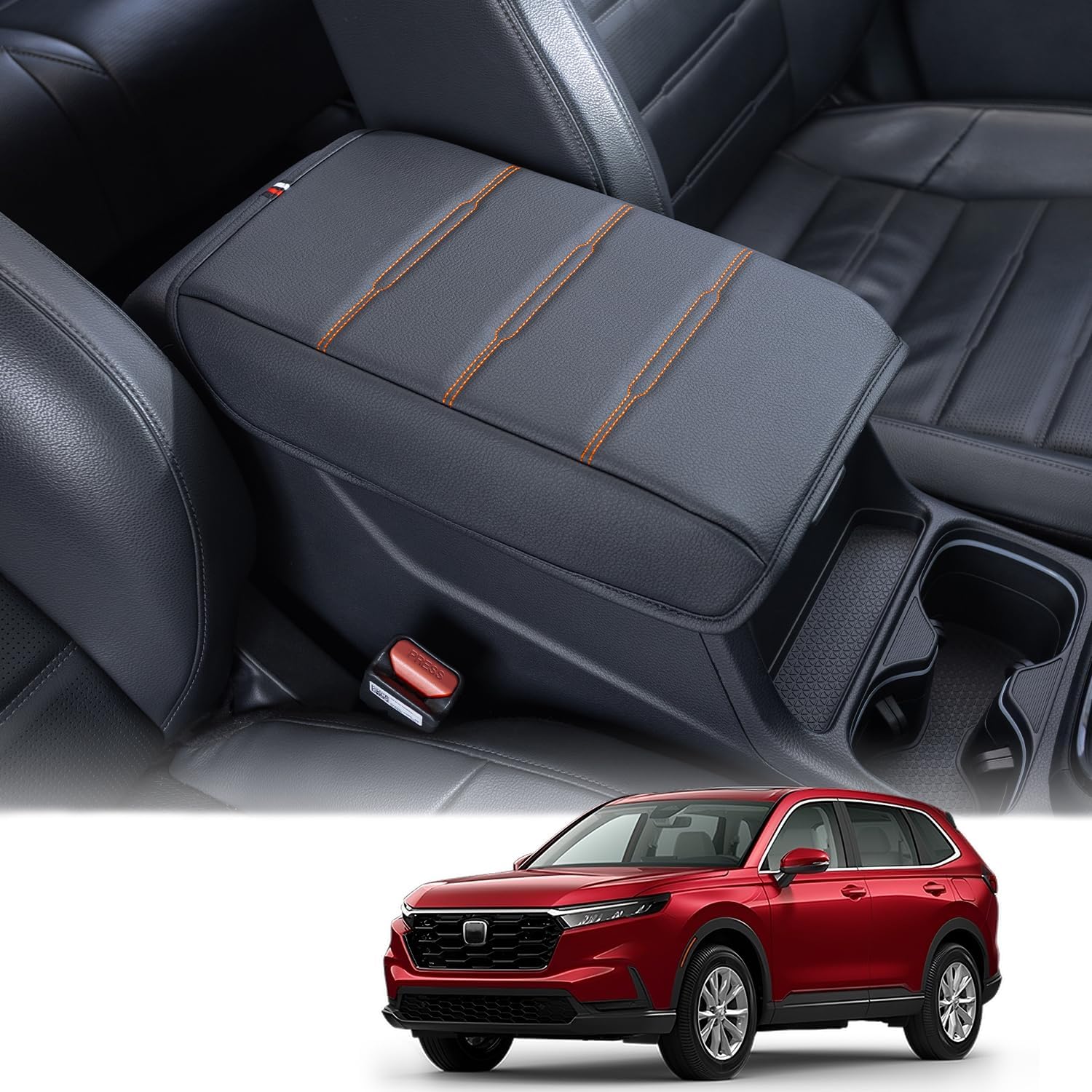 PIMCAR Center Console Cover Designed for 2026 2025 2024 2023 Honda CRV, PU Leather Armrest Box Cover Interior Protector Accessories(Black/Orange Stitches)