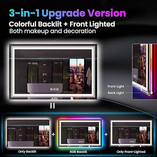 Miniatura 4 de Espejo LED para baño, 72 x 32 pulgadas con 8 retroiluminación RGB + 3 luces delanteras (ajustables individualmente), antiniebla, espejo de tocador