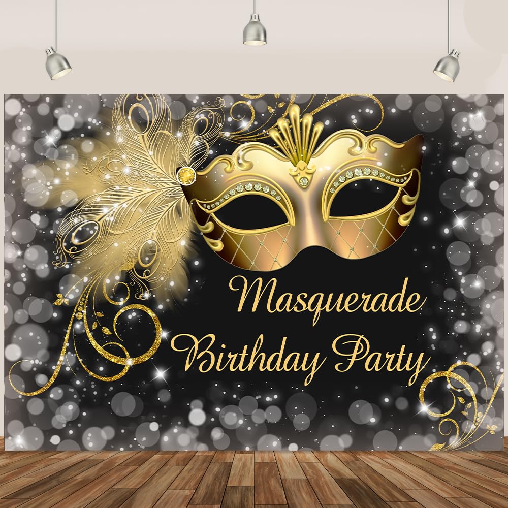 Masquerade Birthday Backdrop Gold Mask Mardi Gras Banner Feather Glitter Silver Masquerade Backdrop for Birthday Party Decorations 7x5Ft
