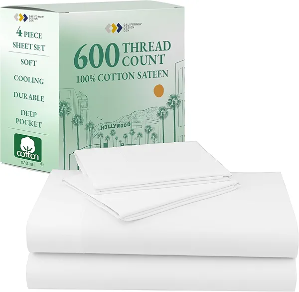 California Design Den Deep Pocket King Sheets Set - Luxury 600 Thread Count Sateen, 100% Cotton Sheets with All Around Elastic for a Snug Fit, Hotel Quality Bedding Set - White