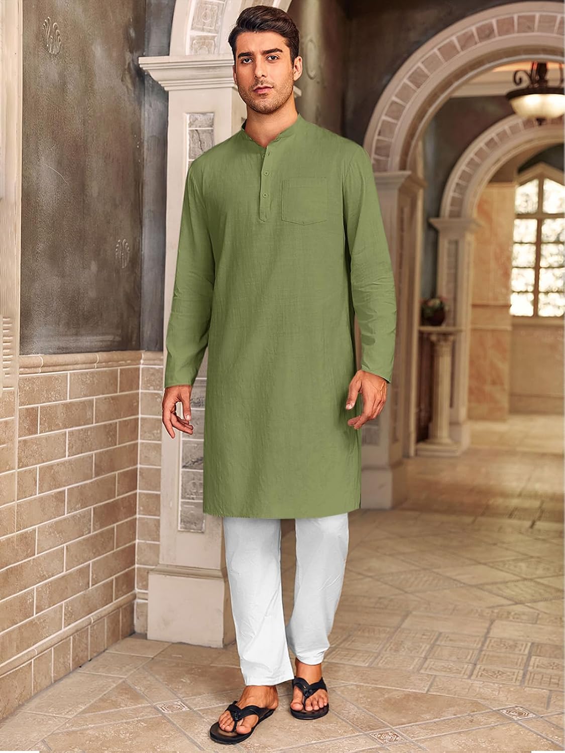 Gafeng Mens Kaftan Robe Button Down Long Sleeve Henley Cotton Thobe Casual Side Split Gown Shirt - Image 3