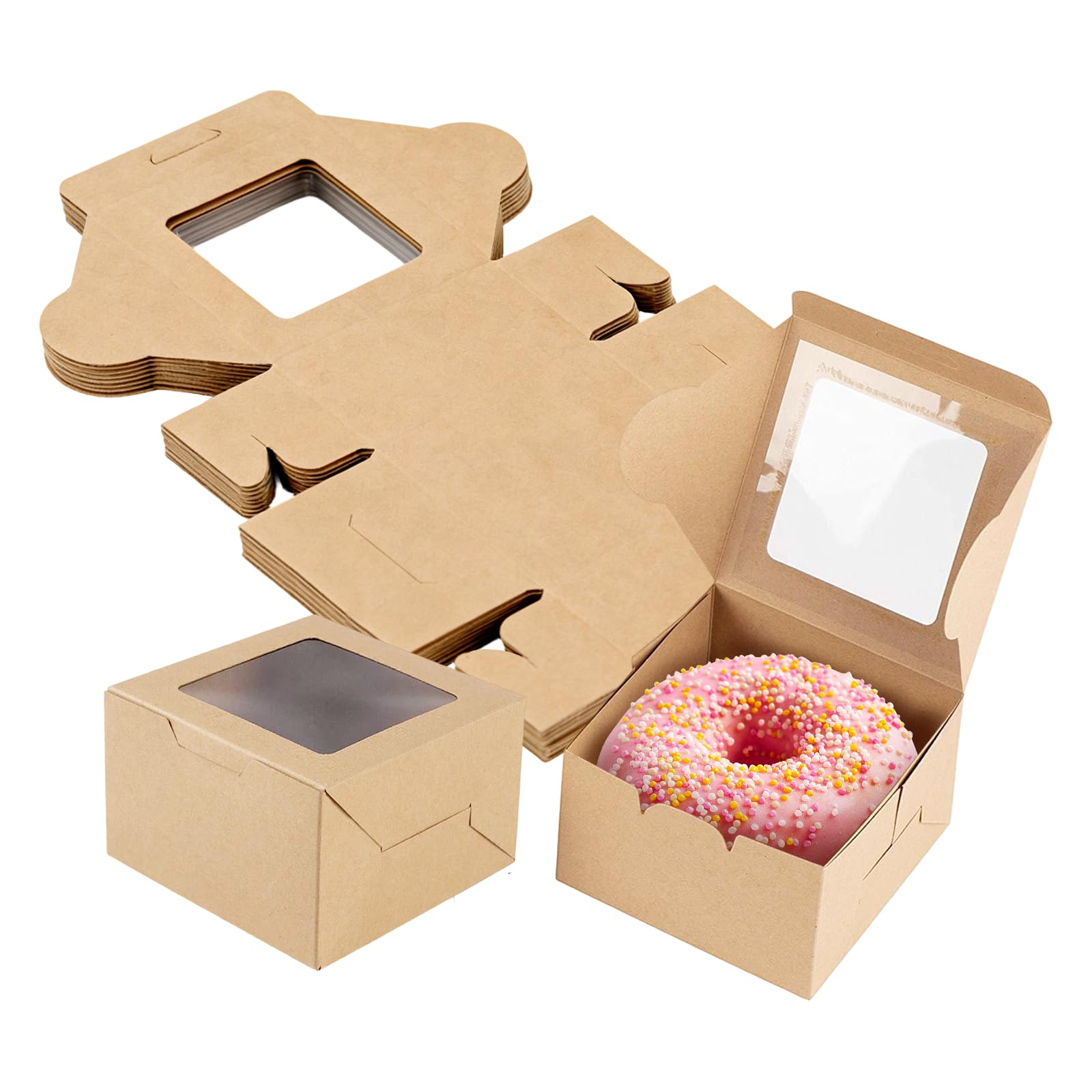 Eidoct Mini Cake Gift Boxes (50 Pack), Brown Paper Cupcake Boxes, Brownie Box with Windows, Small Boxes for Gifts, Mini Bakery Boxes for Pastries Donuts Bento Chocolate Muffin Cookies Candies Dessert