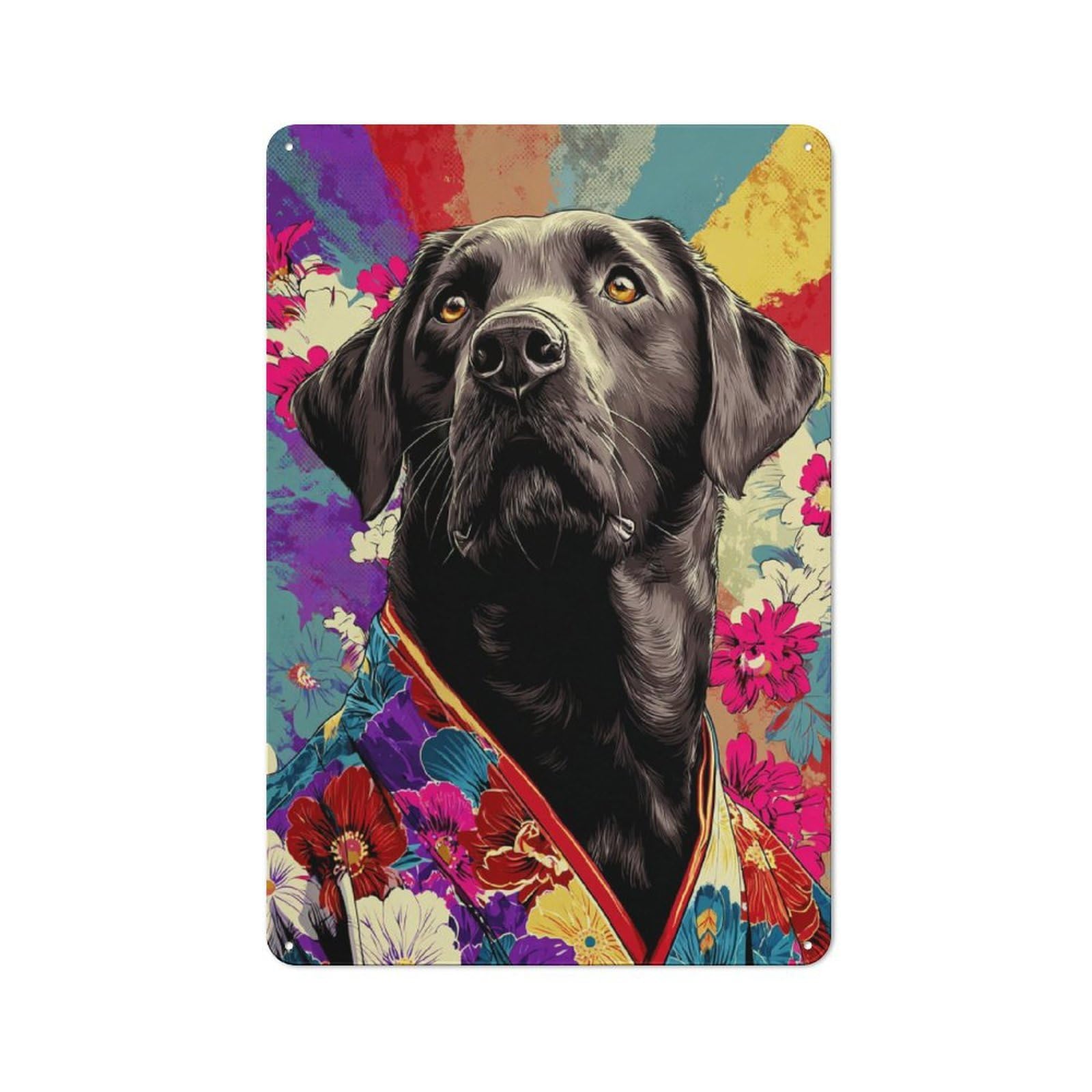 Junmoney Colorful Floral Dog Portrait Vintage Metal Sign 30X20cm For Café Or Restaurant, Suited To Restaurant Decor Fans