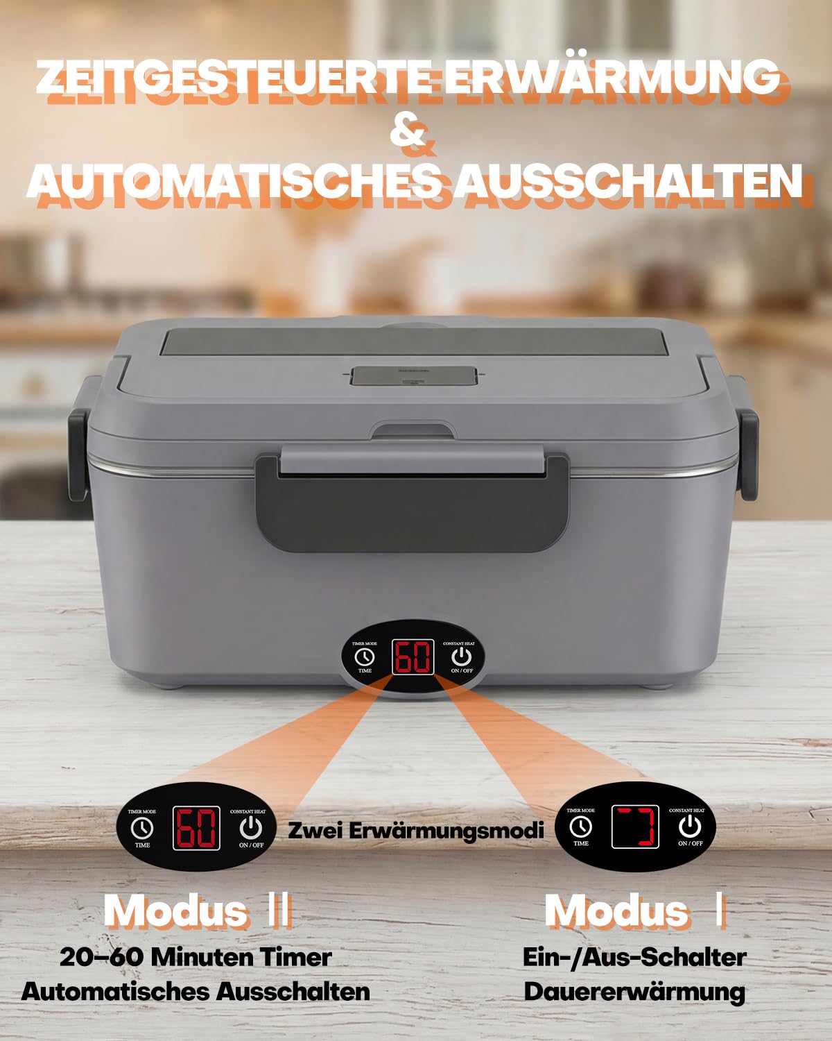 Elektrische Lunchbox 90W mit Timer, 1.8L Beheizbarer Thermo-Essensbehälter für Auto 12V/24V & Büro 110V/220V, Automatisches Ausschalten, Portable Heatbox für Essen unterwegs, Lunchbox Elektrisch