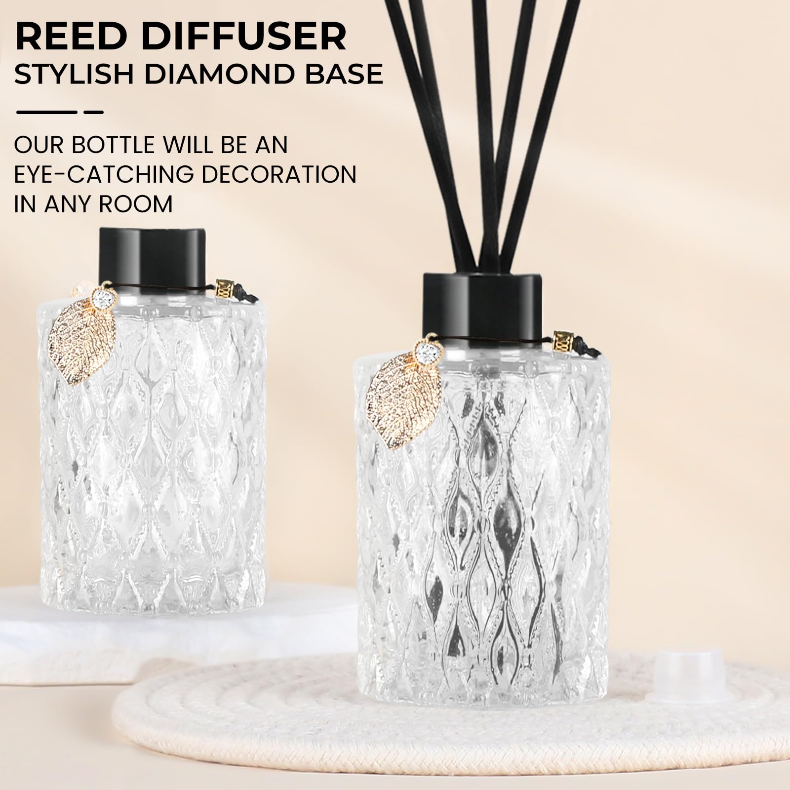 TRIFOLIC 4Pcs Reed Diffuser Set with Metal Golden Decoration, 6oz Empty Reed Diffuser Bottles with 20Pcs Reed Diffuser Sticks, Unique Design Bottles for Home and Office(Black)
