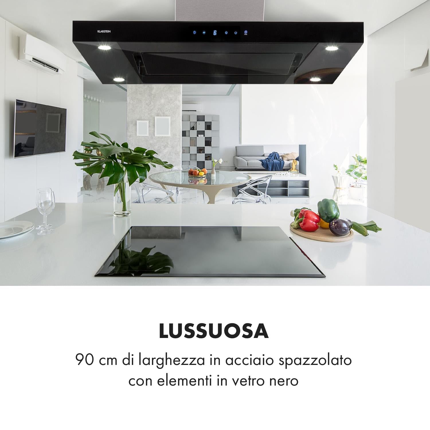 Klarstein Valeria Cappa Isola - 230W, max 650 m³/h, 3 livelli di potenza, illuminazione LED, pannello touch, vetro, acciaio inox, efficiente, PureAmbience Concept, argento