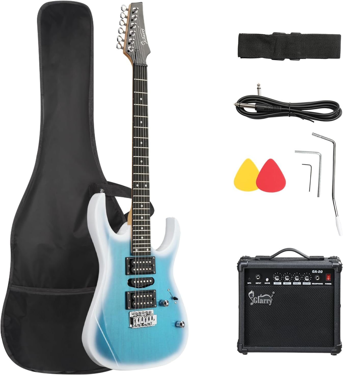 GLARRY 39" Full Size Electric Guitar Kit for Beginners, Starter Electric Guitar Set with 20W Amp & HSH Pickups, Model 170 (Ocean)