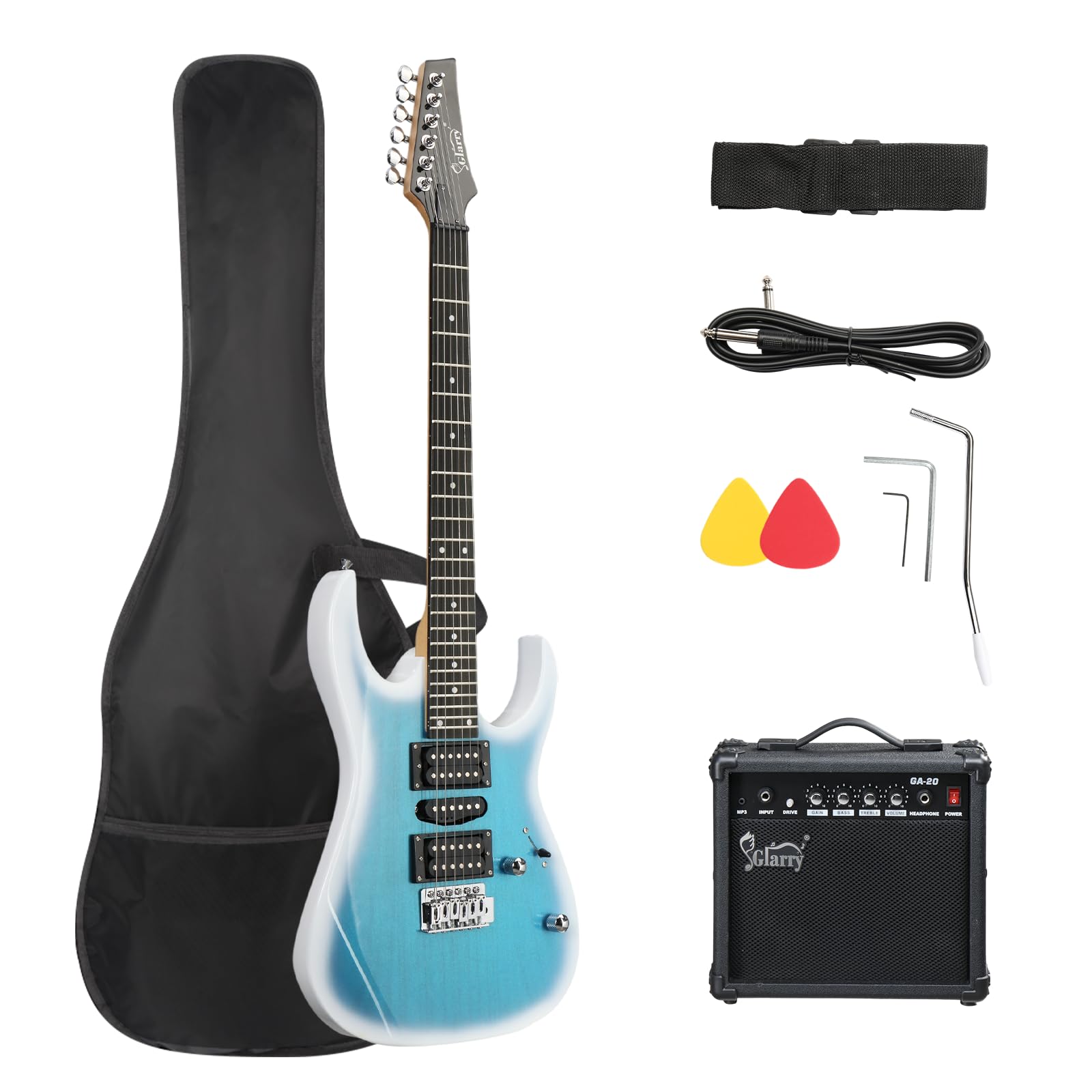 GLARRY 39" Full Size Electric Guitar Kit for Beginners, Starter Electric Guitar Set with 20W Amp & HSH Pickups, Model 170 (Ocean)
