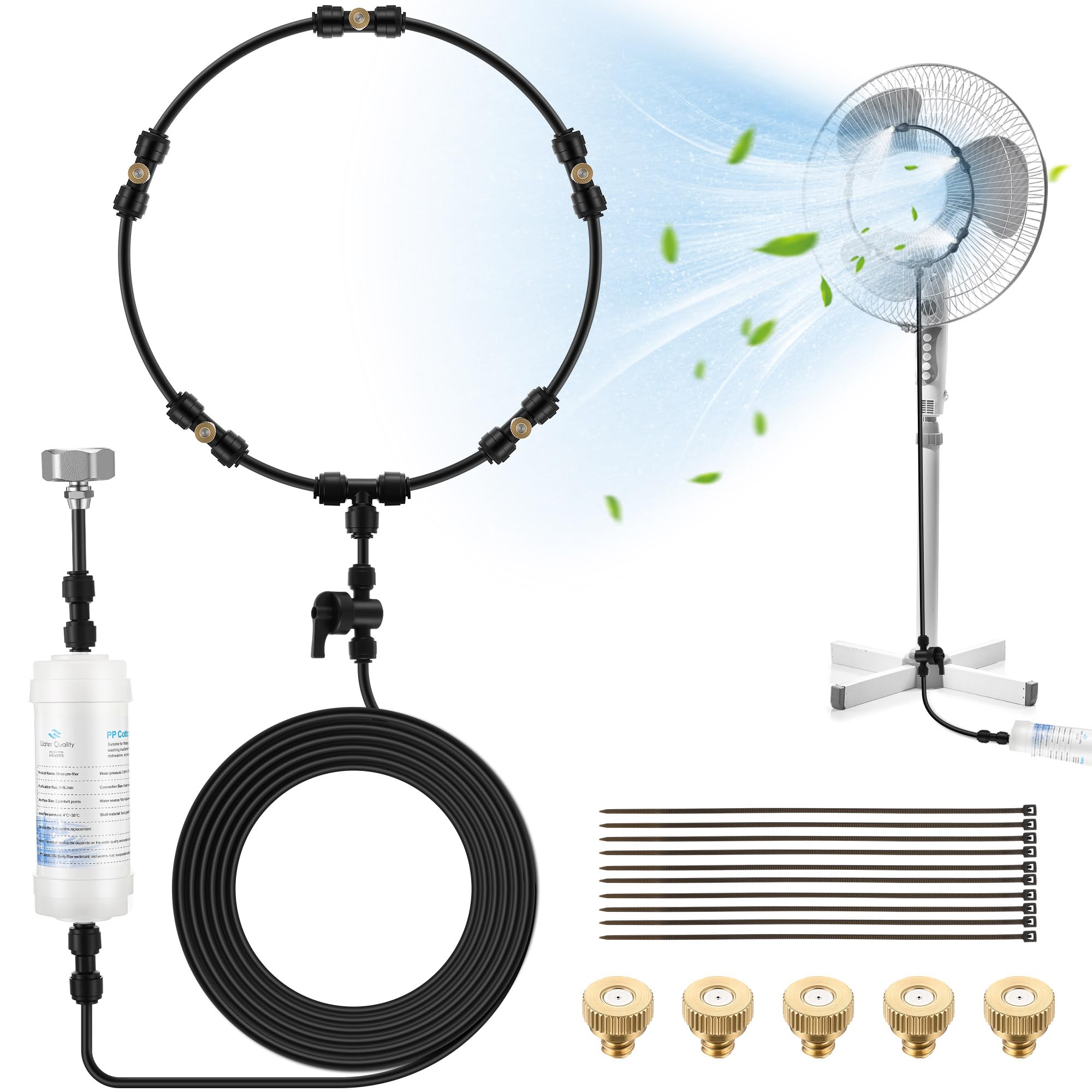 Kit di ventilatore da esterno con nebulizzazione Enhon con filtri, linea di nebulizzazione da 10 m, 5 ugelli in ottone, ventilatore refrigerante con valvola di intercettazione per brezza da patio