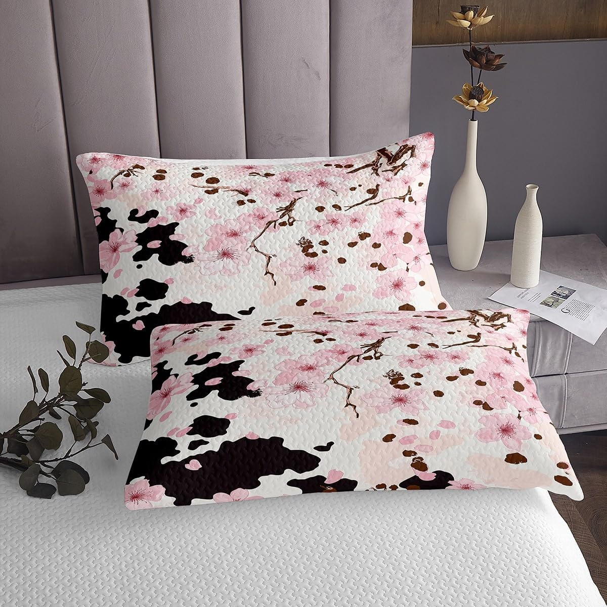 Erosebridal Cowhide Bedspread Set Pastel Pink Cherry Blossom Coverlet Set,Farm Animals Skin Brown Cow Print Quilt Set King Bull Cattle Wildlife Quilted,Rustic Flowers Western Decor for Home