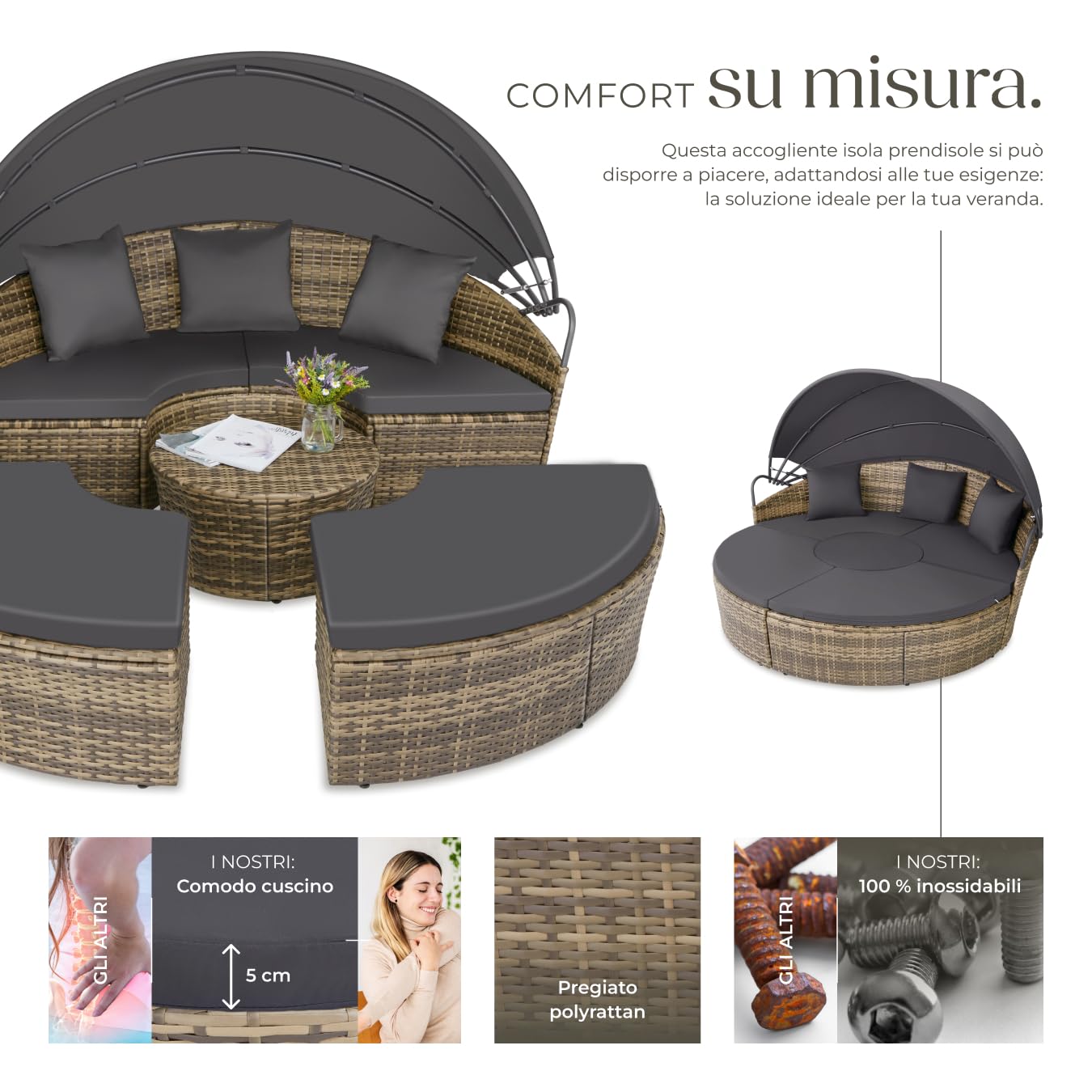 tectake® Isola Prendisole in Rattan, Isola Divano da Esterno con Tettuccio Parasole Pieghevole, Morbidi Cuscini, Componibile, Tavolino e Lettino, Resistente ai Raggi UV, per Giardino - Naturale