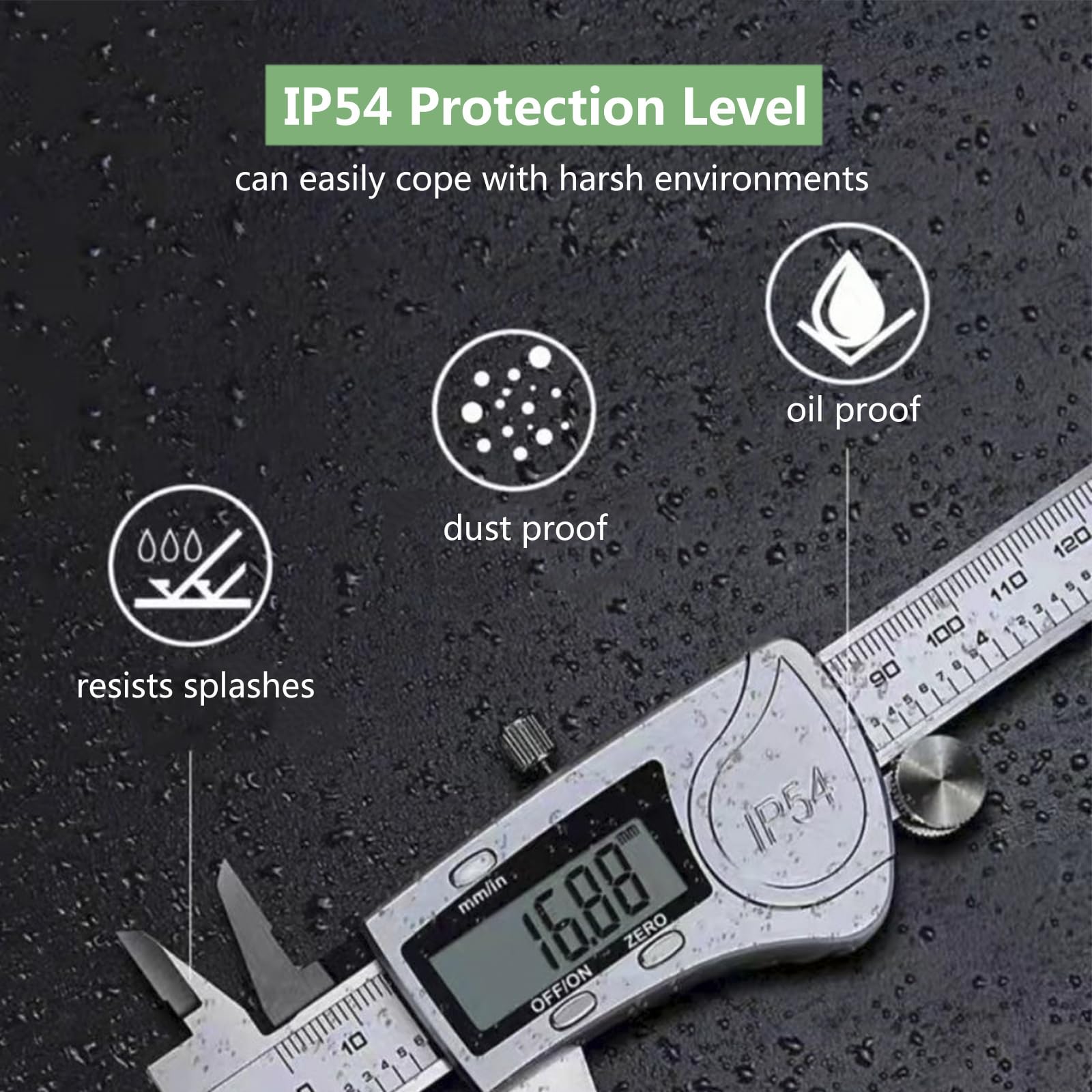 Pie de Rey Digital IP54 Impermeable con Pantalla LCD, Calibre Digital de Acero Inoxidable, Electrónico Vernier Caliper para Mediciones Externas,Internas,Profundidad y Paso,150mm/6"
