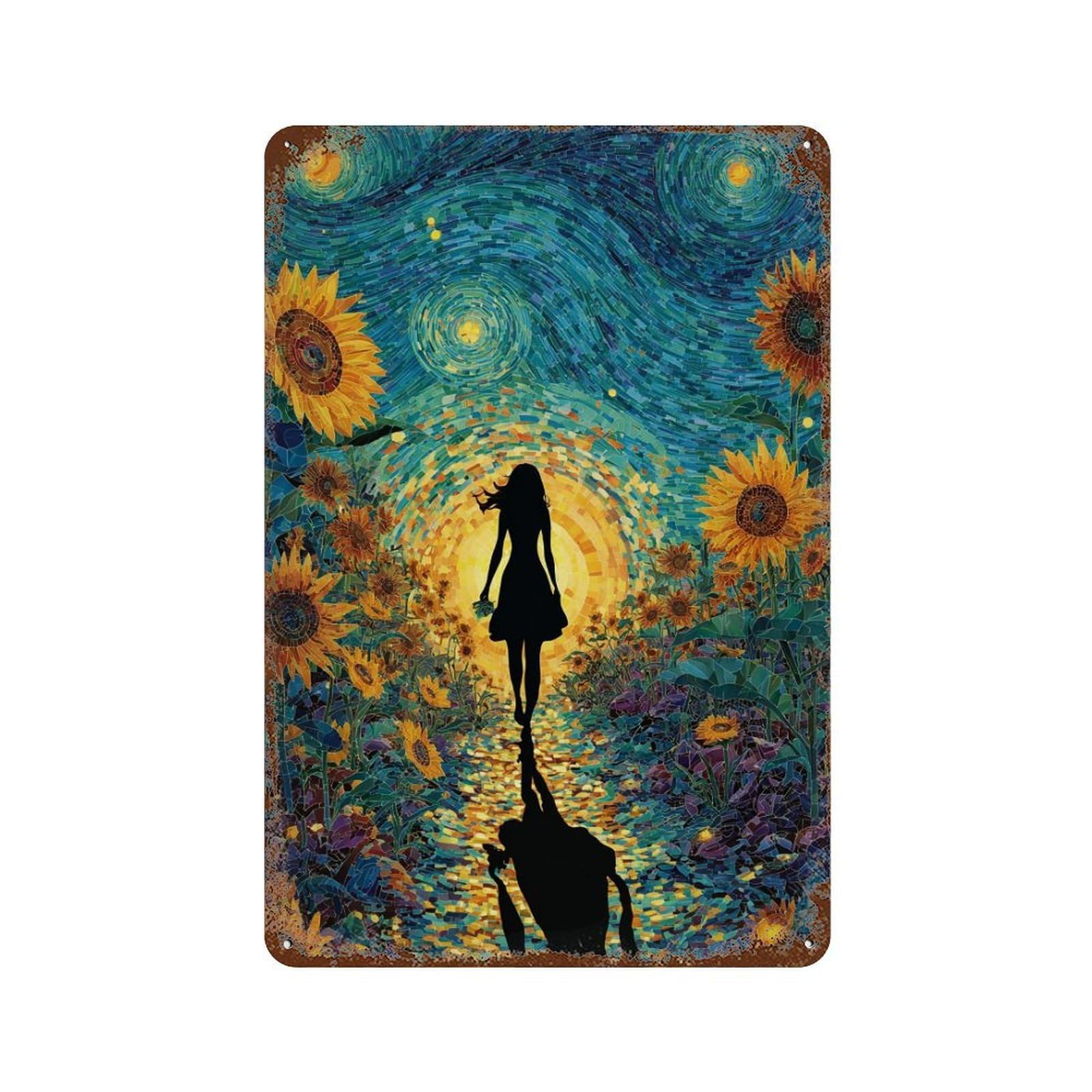 Starry Night Sunflower Pathway -2 Distressed Metal Wall Sign 11.8"x7.9", for Basement, Hobby Room And Garage Decor, Shabby Chic Decor