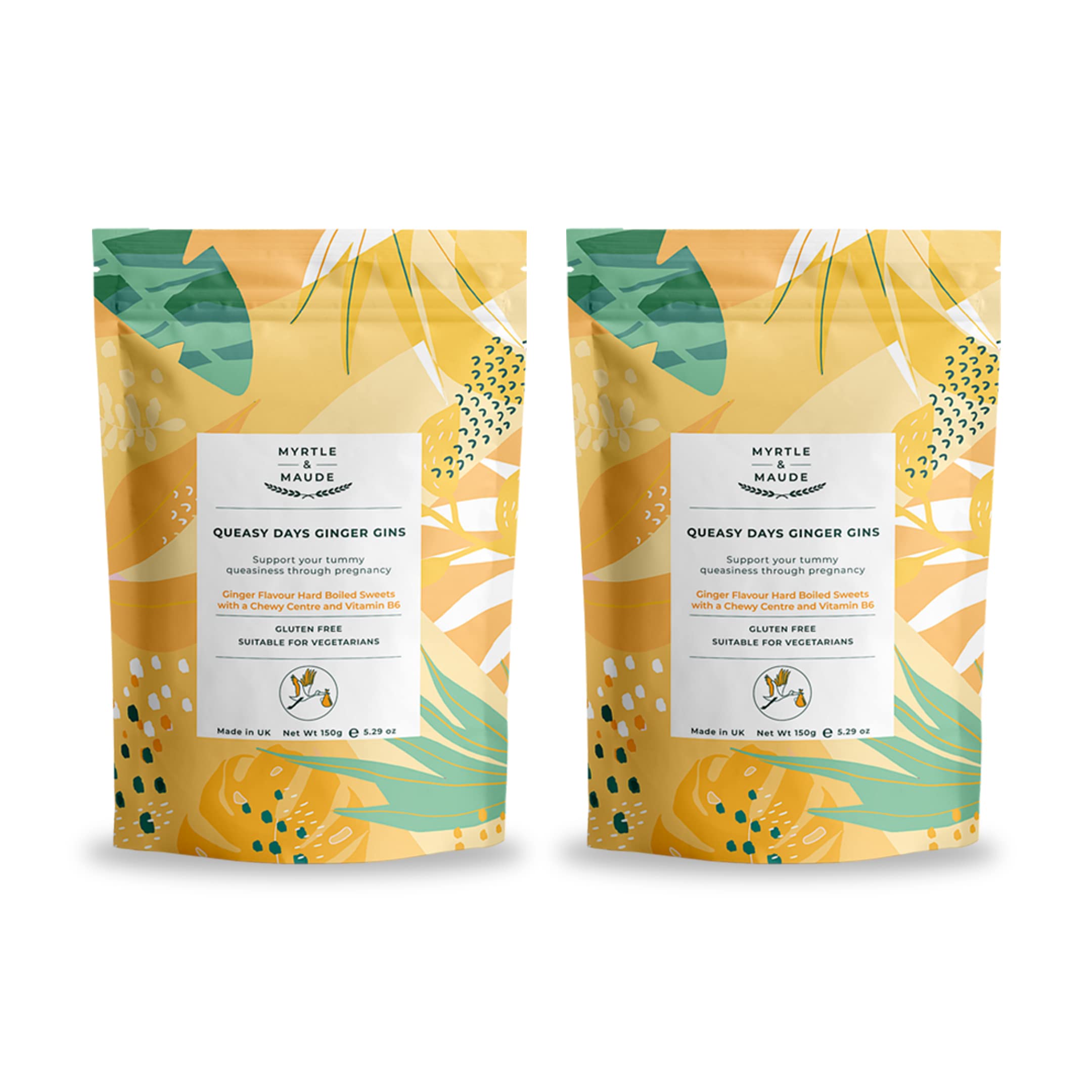 Myrtle & Maude - Queasy Days Ginger Gins (2 Pack) - Nausea Relief and Morning Sickness Support - Ginger Flavoured Hard Boiled Sweets With Chewy Centre - All Natural - Vegetarian - Halal