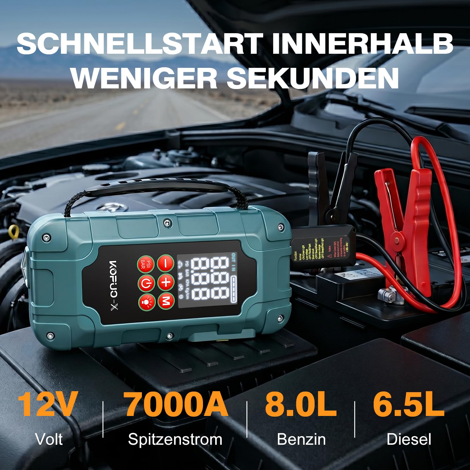 7000A Starthilfe Powerbank für PKW mit Kompressor für 12V Autos | 8000mAh 150PSI Handgriff Auto Starthilfe Powerbank für 8L Benzin & 6.5L Diesel, Jump Starter mit 3 USB-Ausgägen, LED-Licht