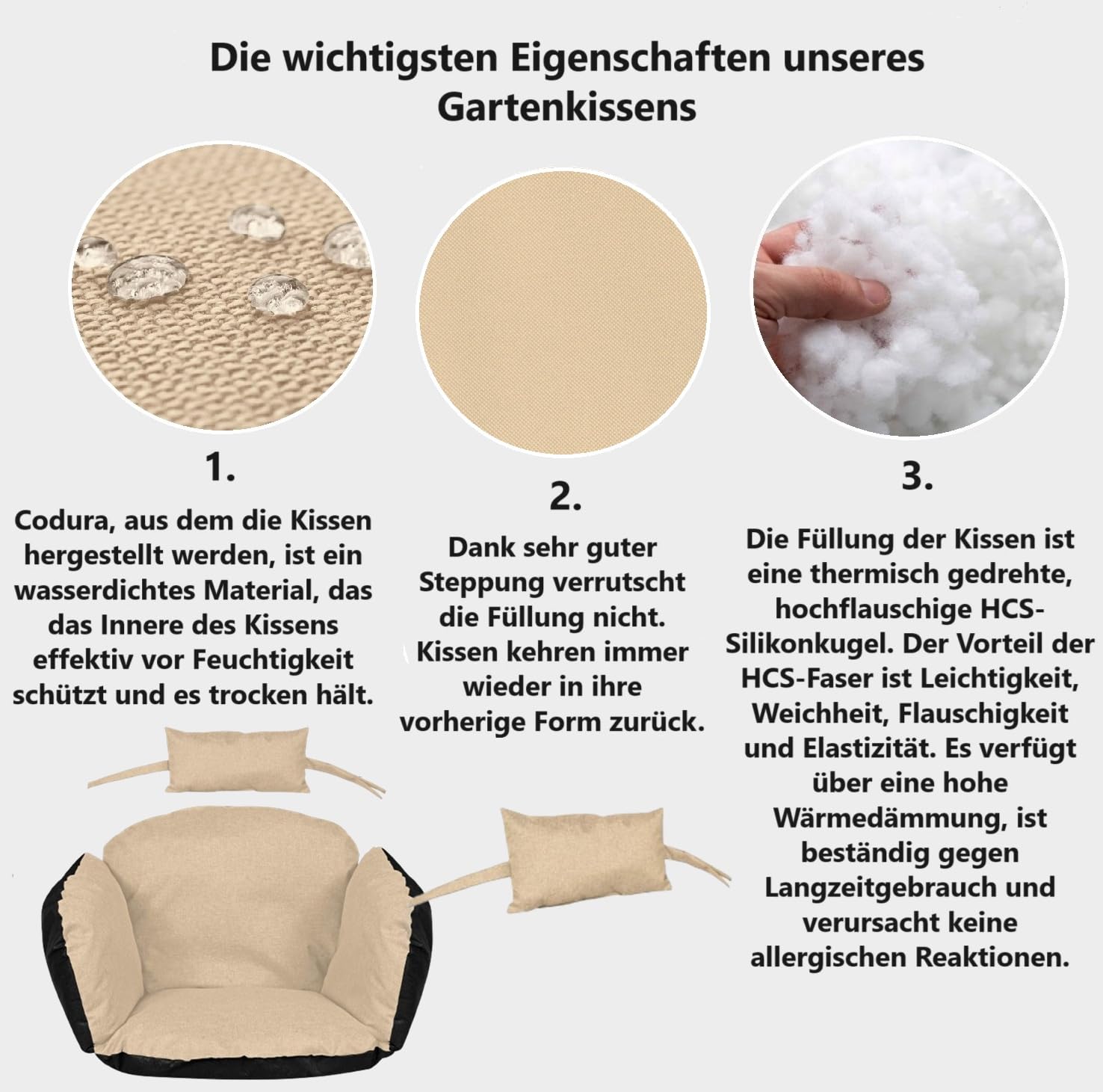Hängesessel-Kissen Sitzkissen mit Rücken Kopfstütze Ei-Schaukelkissen Auflage für Hängeschaukel Polsterauflage Pflegeleicht Wasserfest